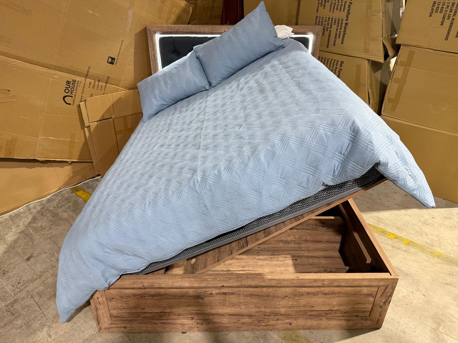 Manly Frank Queen size bed with gas lift storage and LED lights in rustic walnut