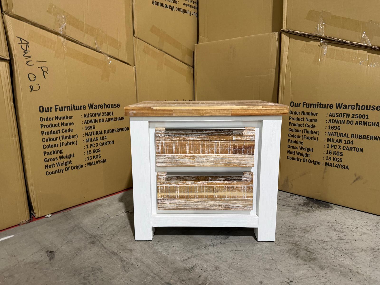 Springbrook Bed side chest with 2 draws driftwood/ white finish acacia timber