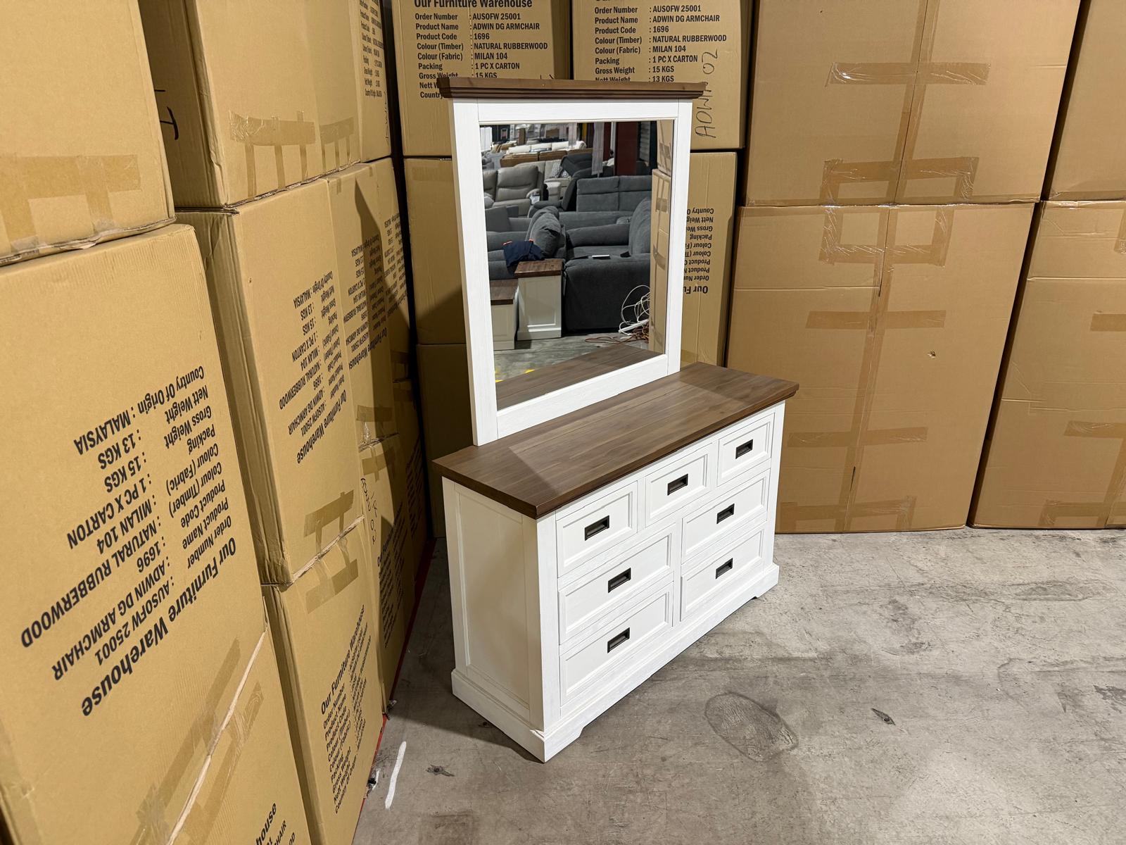 Hamptons dressing table and mirror two tone finish