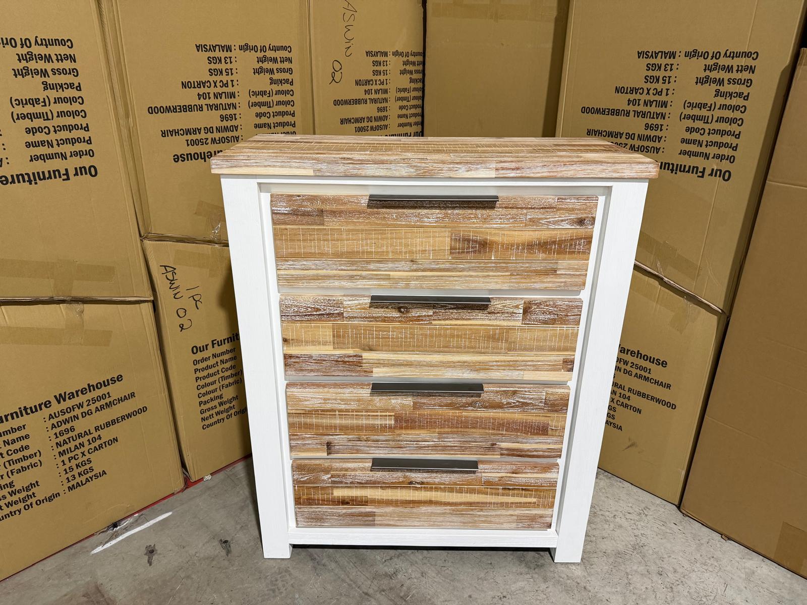 Springbrook Tallboy with 4 draws driftwood/ white finish acacia timber