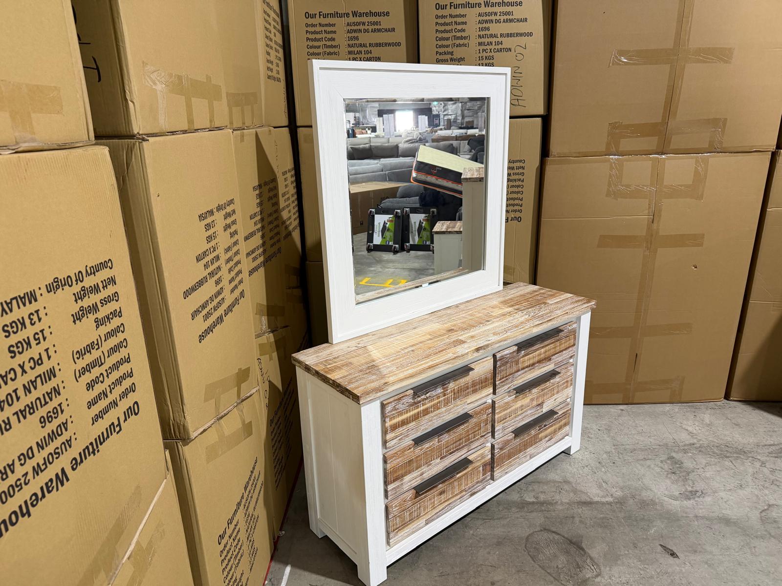 Springbrook dressing table inc mirror driftwood/ white finish acacia timber