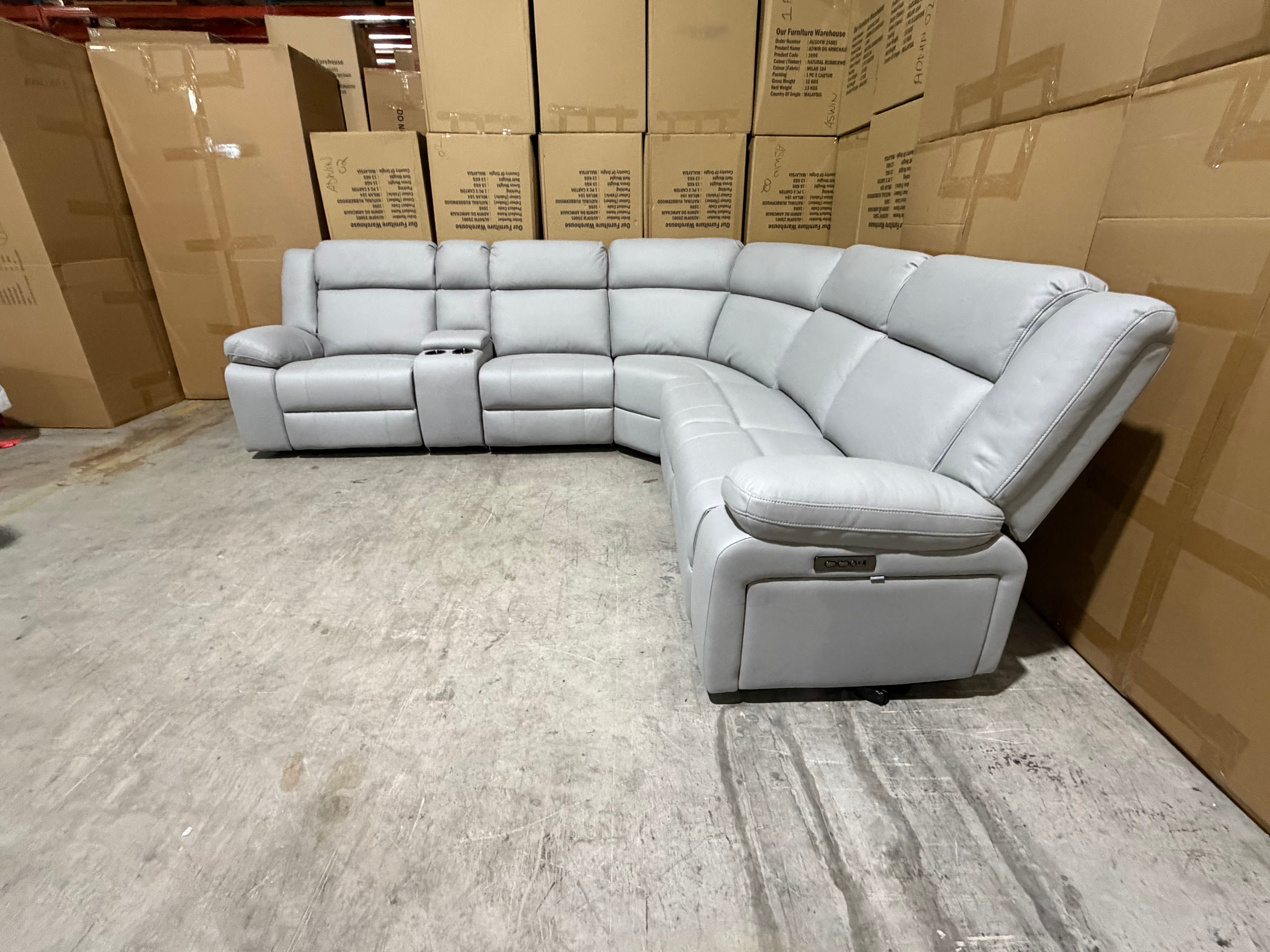 Kenso 6pce modular Lounge with 2 Dual Motion Recliners Soft Rhino Light Grey