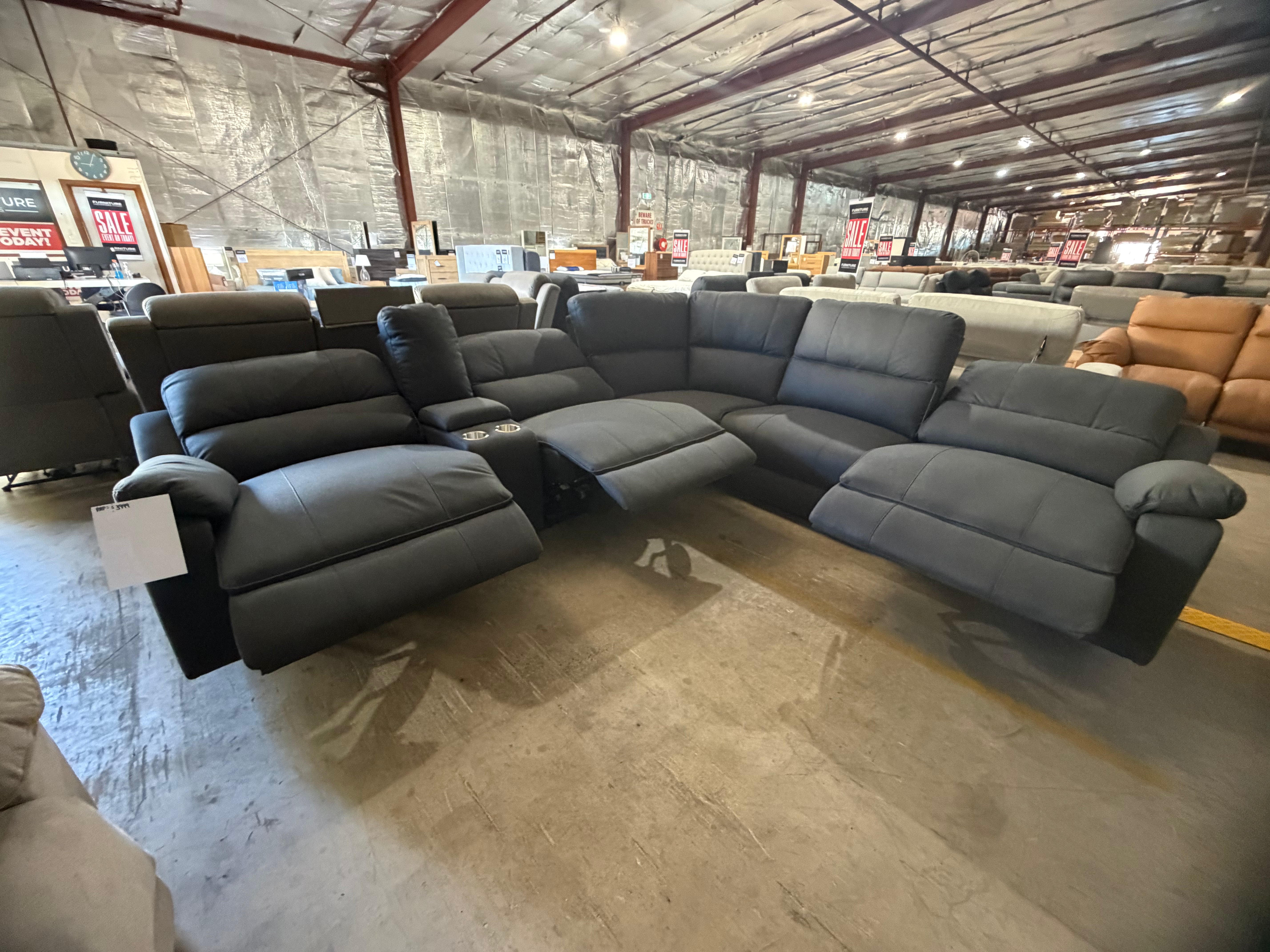 Carlton 6pce modular lounge with 3x electric recliners in charcoal