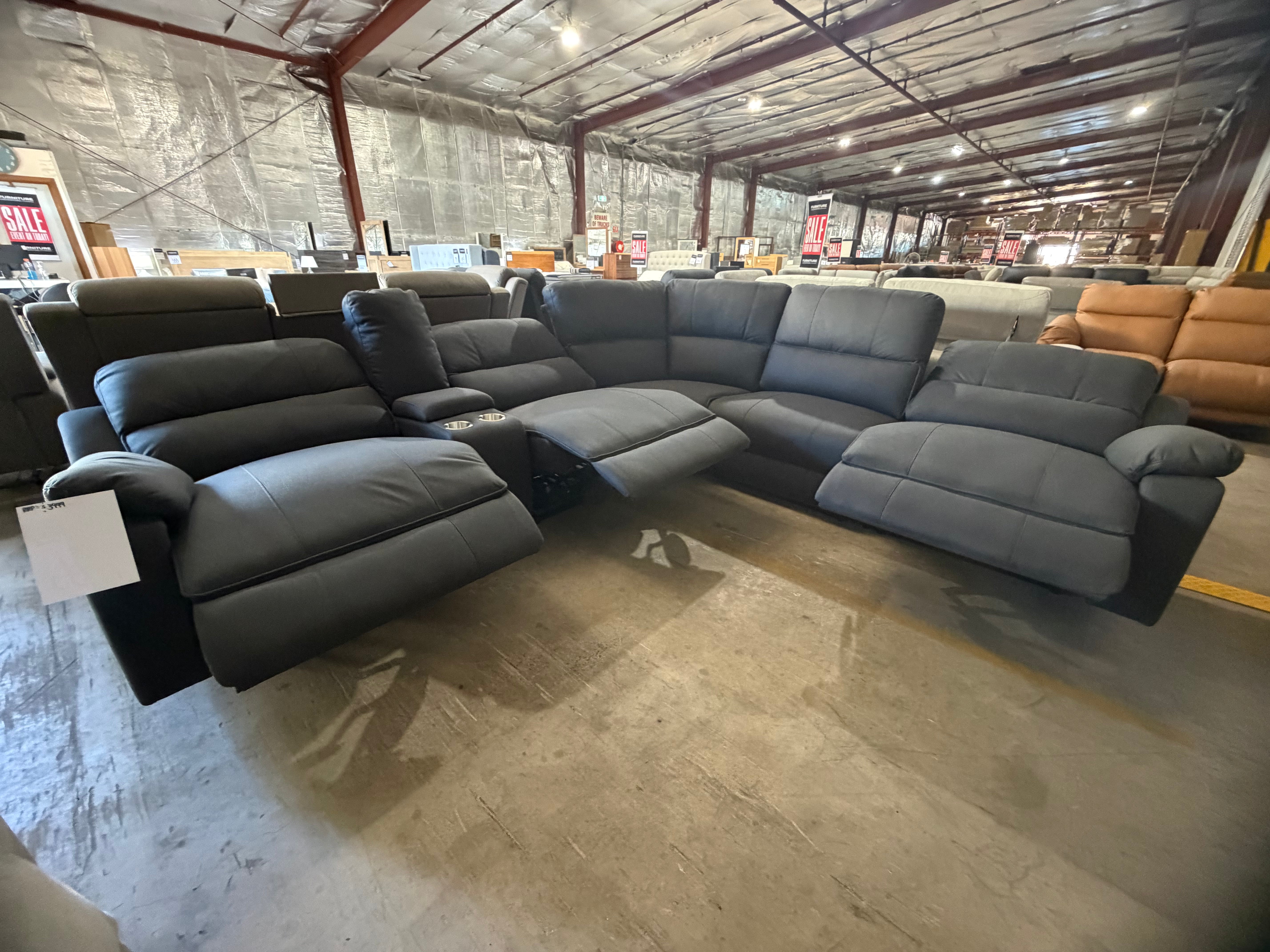 Carlton 6pce modular lounge with 3x electric recliners in charcoal