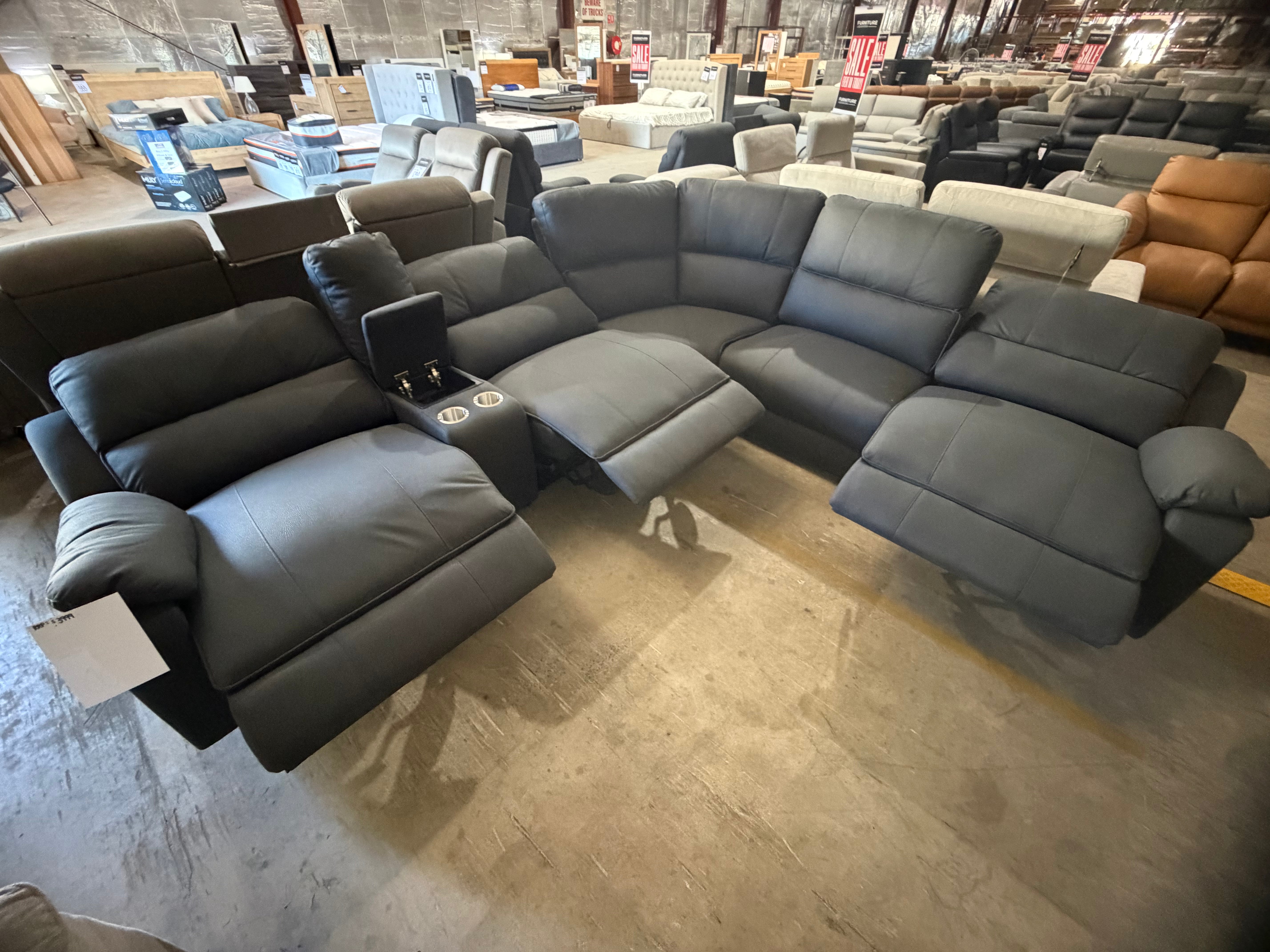 Carlton 6pce modular lounge with 3x electric recliners in charcoal