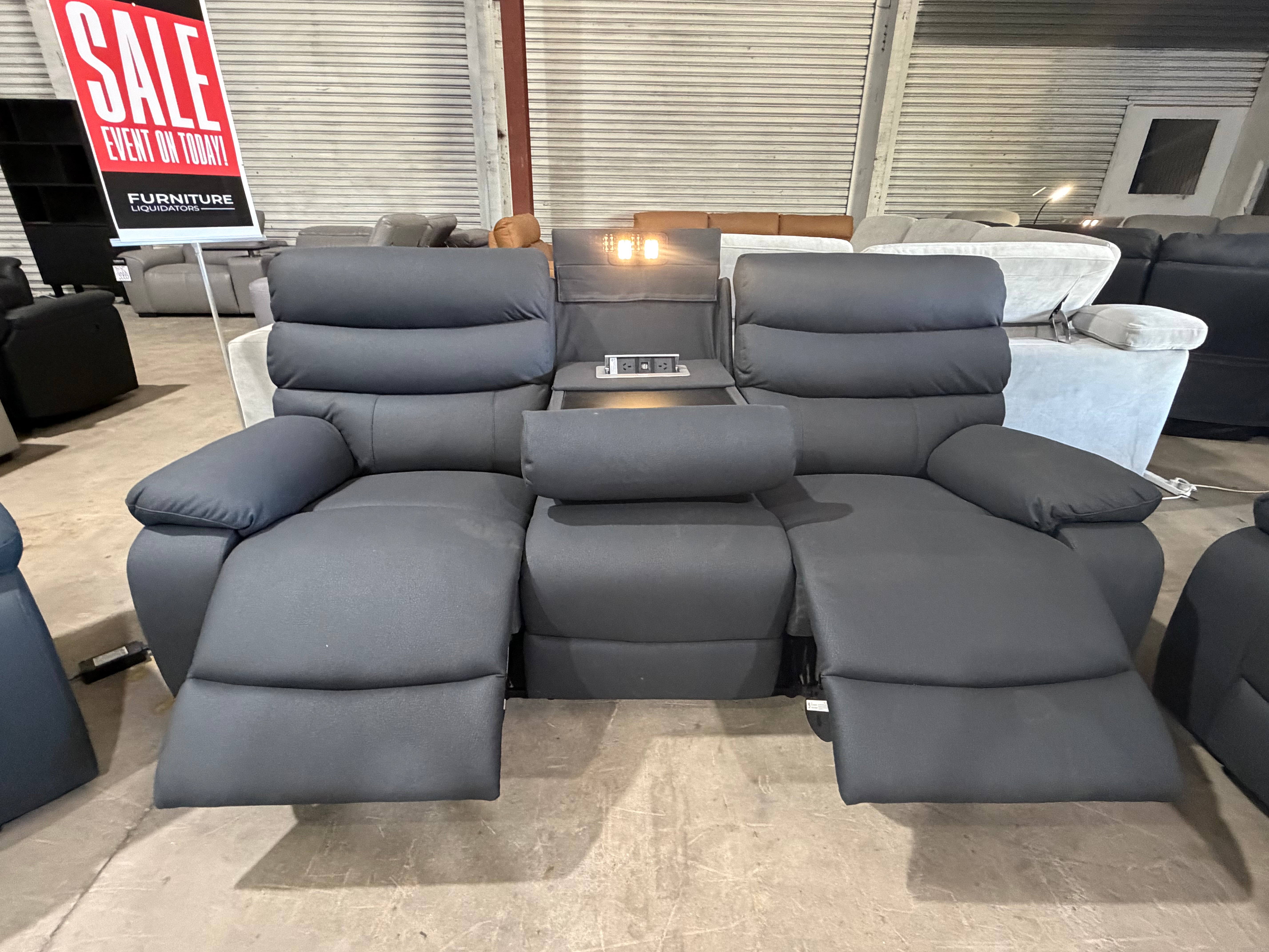 Noosa 3 seater with inbuilt electric recliners drop down drinks Tray