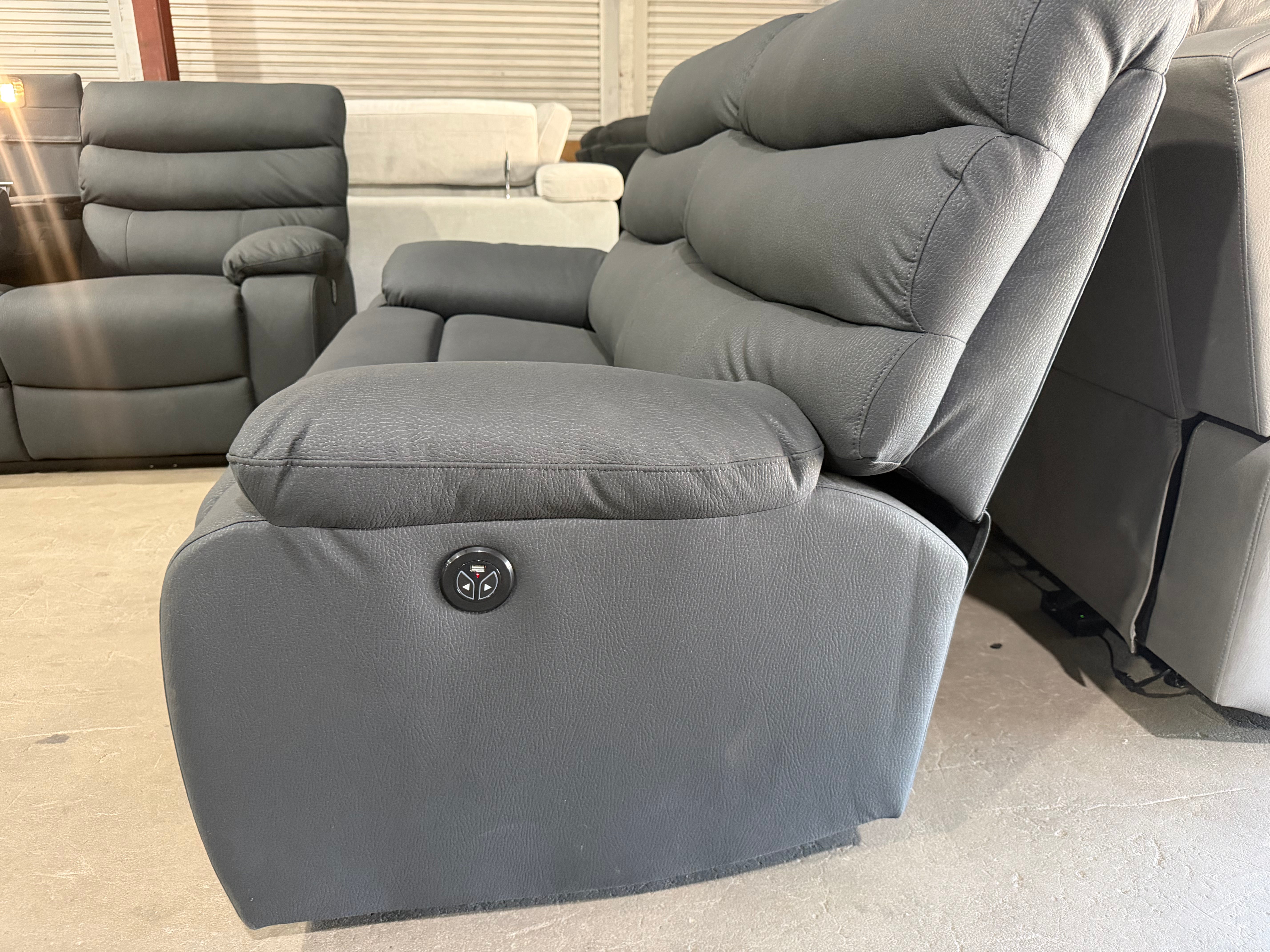 Noosa 2 seater with in built electric recliners in Charcoal rhino suede