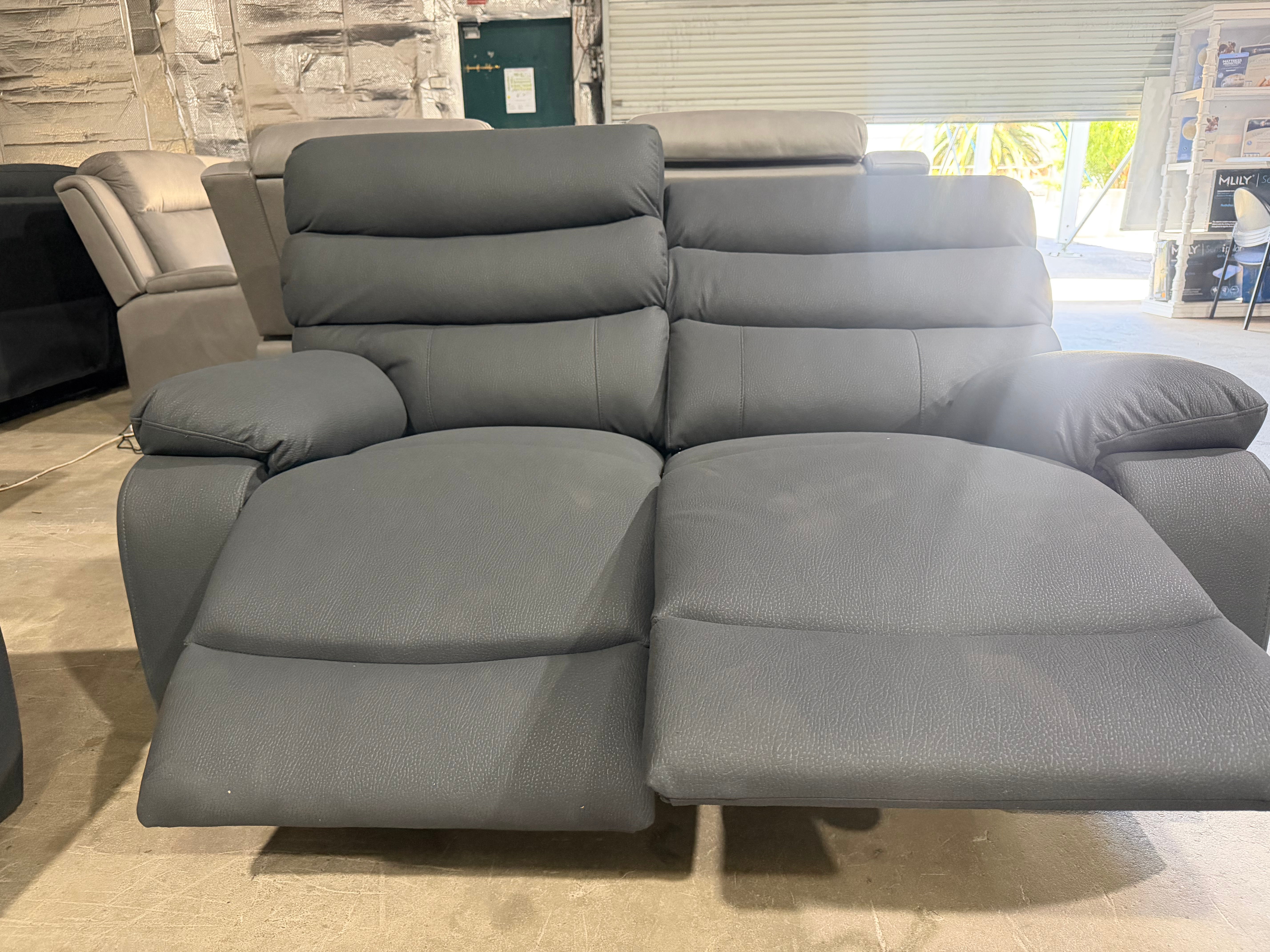 Noosa 2 seater with in built electric recliners in Charcoal rhino suede
