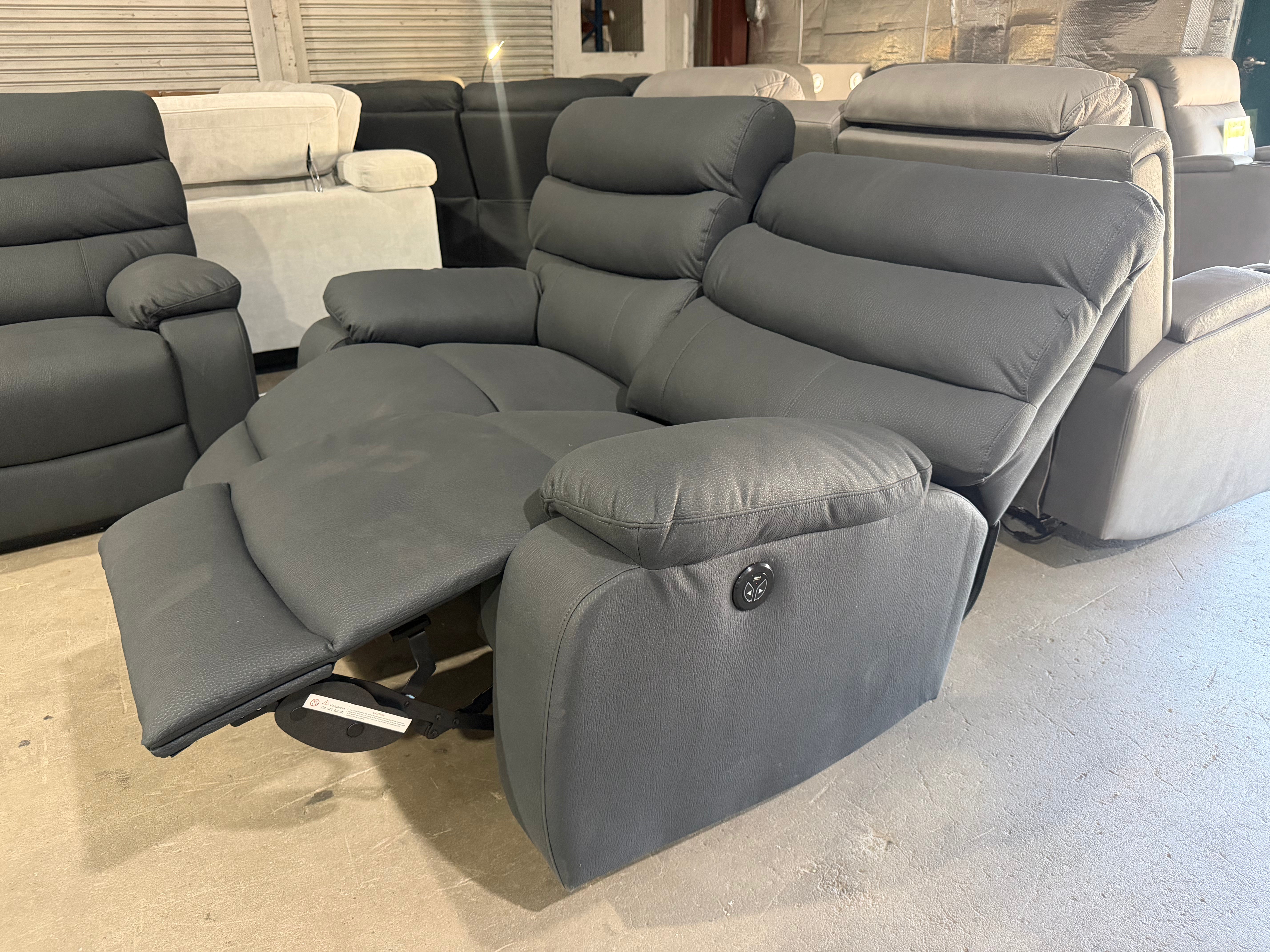 Noosa 2 seater with in built electric recliners in Charcoal rhino suede