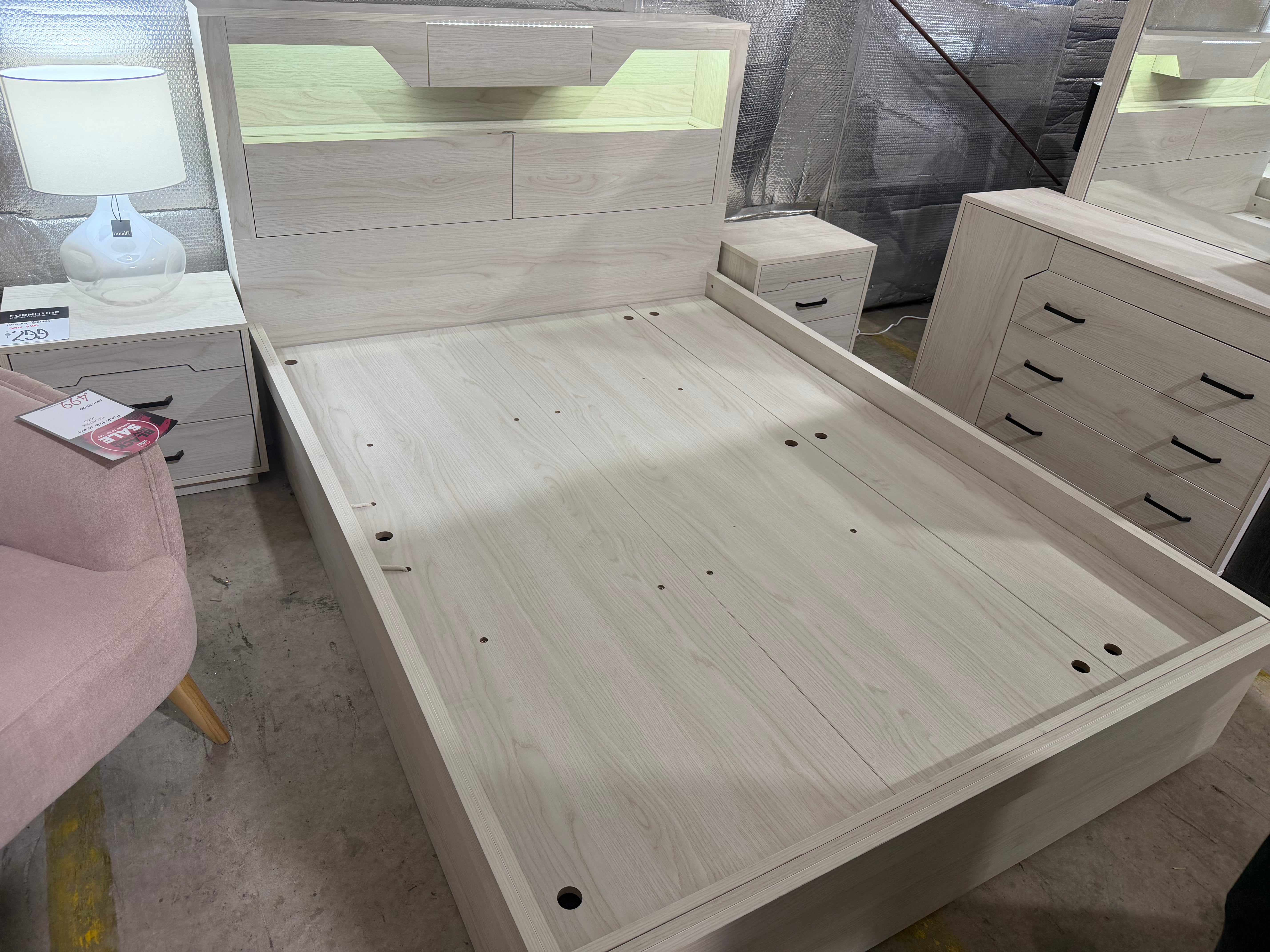 Atlanta Queen size bed in grey wash finish lift up storage