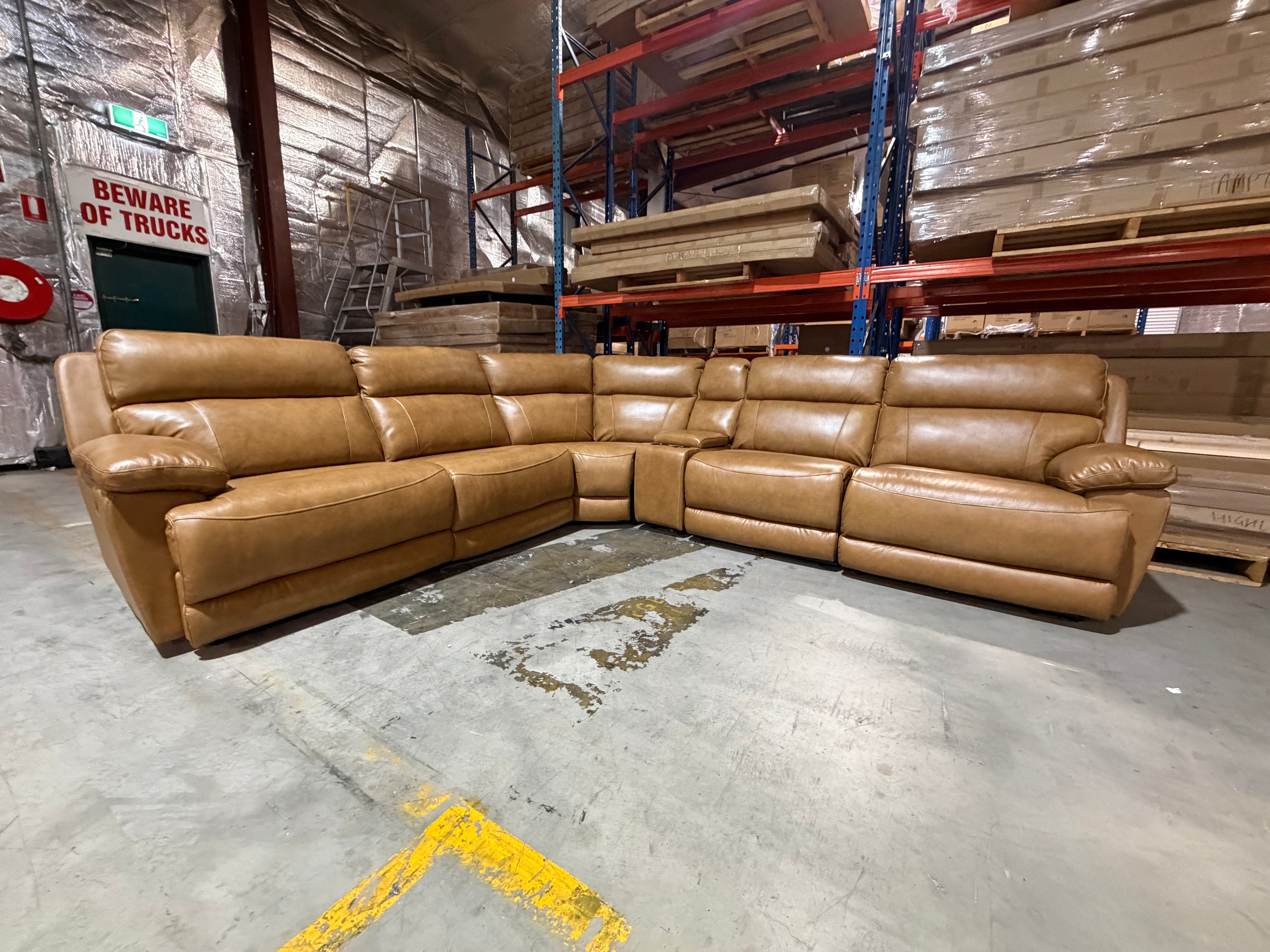 Modena Modular Lounge with 3x Electric recliners Tan leather match