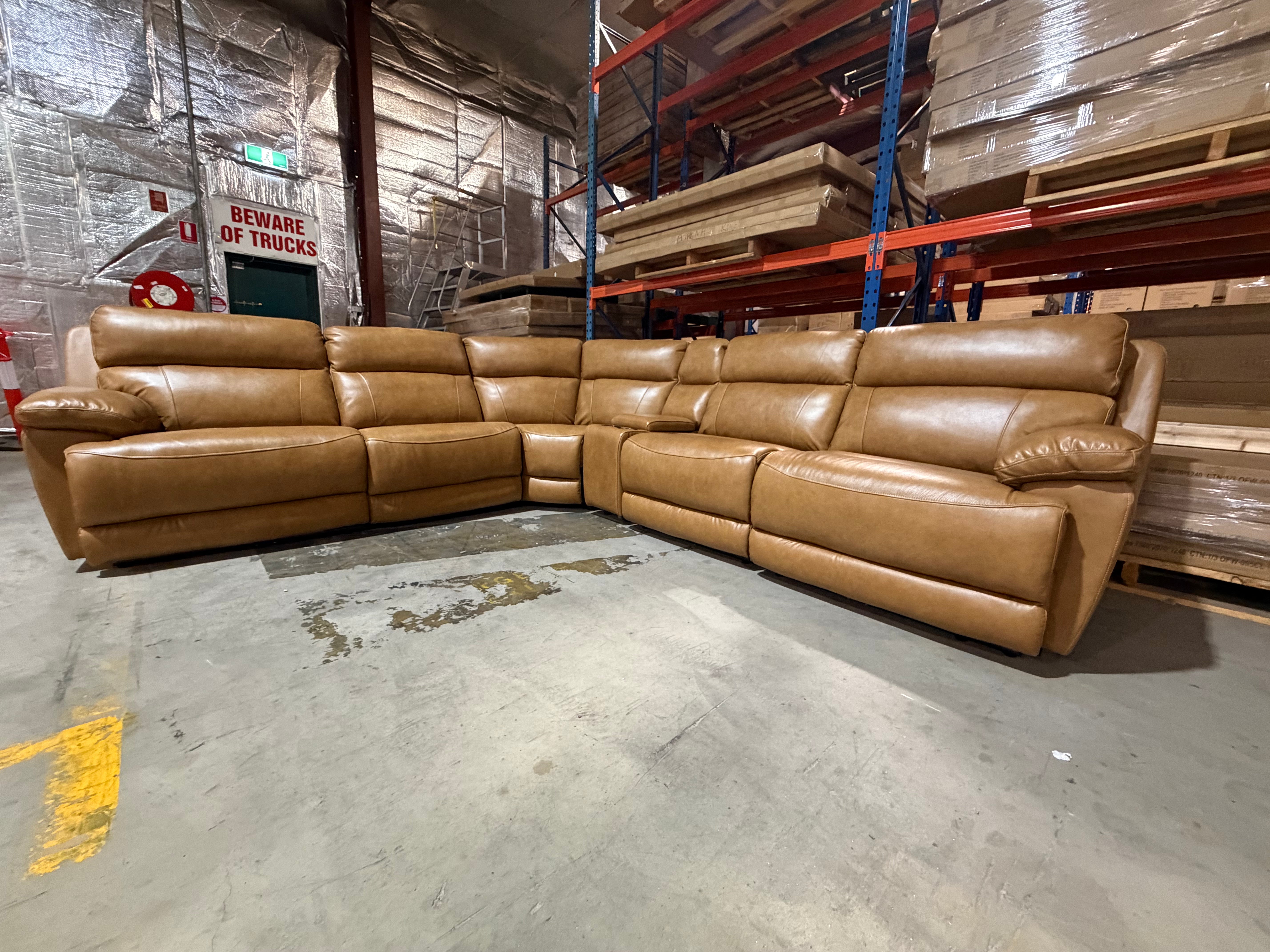 Modena Modular Lounge with 3x Electric recliners Tan leather match