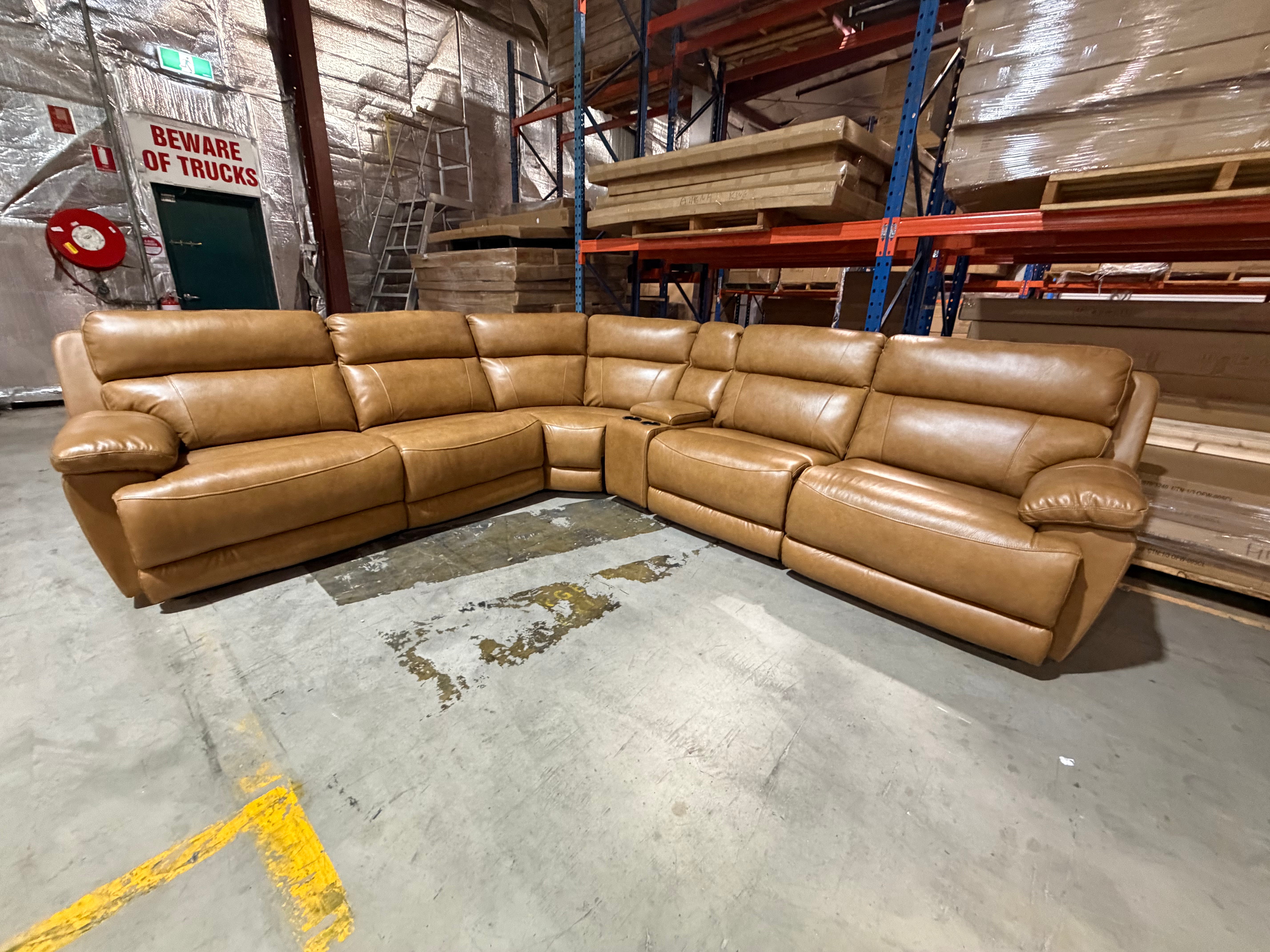 Modena Modular Lounge with 3x Electric recliners Tan leather match