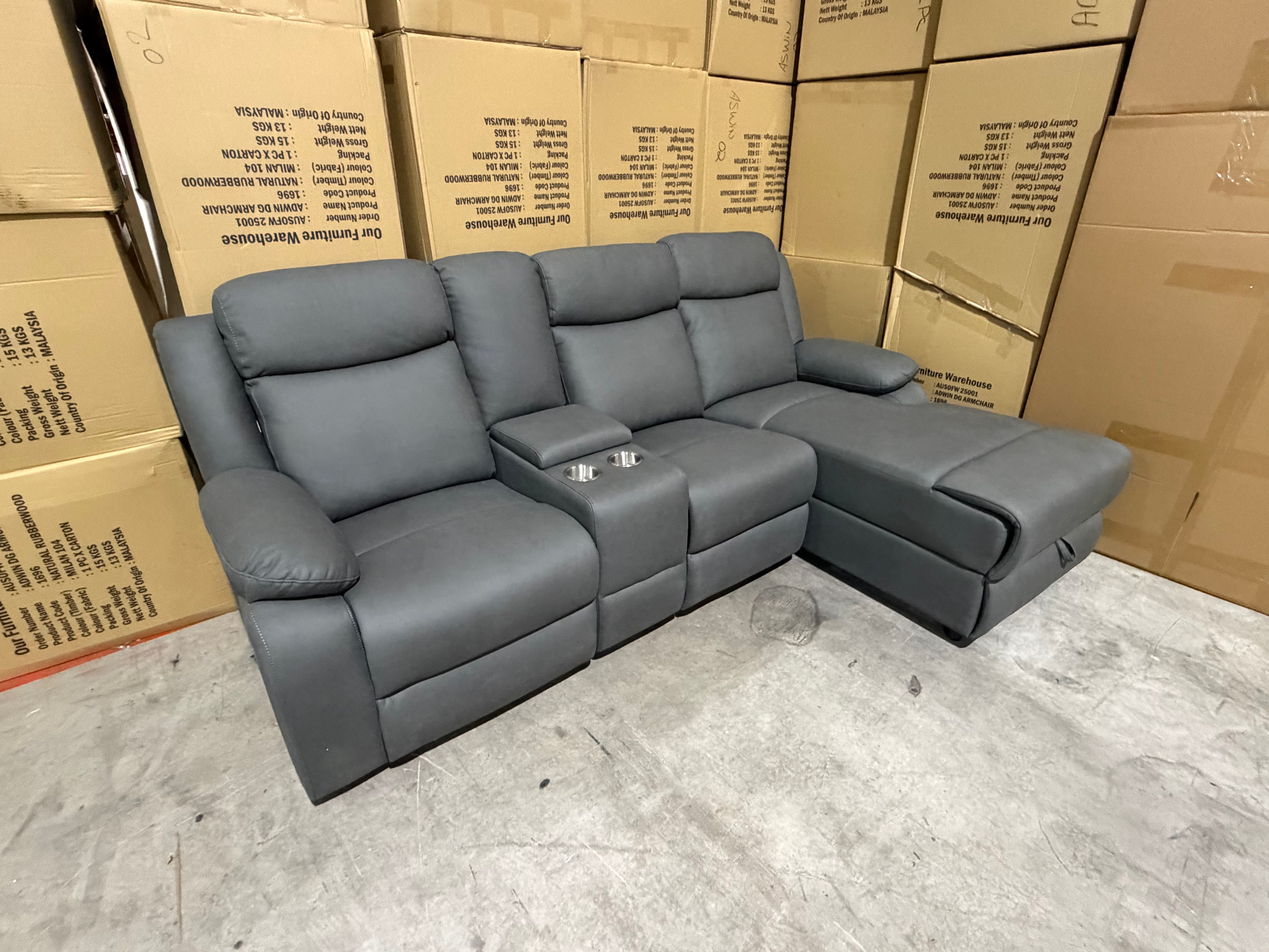 Lola RHF Chaise Lounge With Recliner In Soft Rhino Dark Grey
