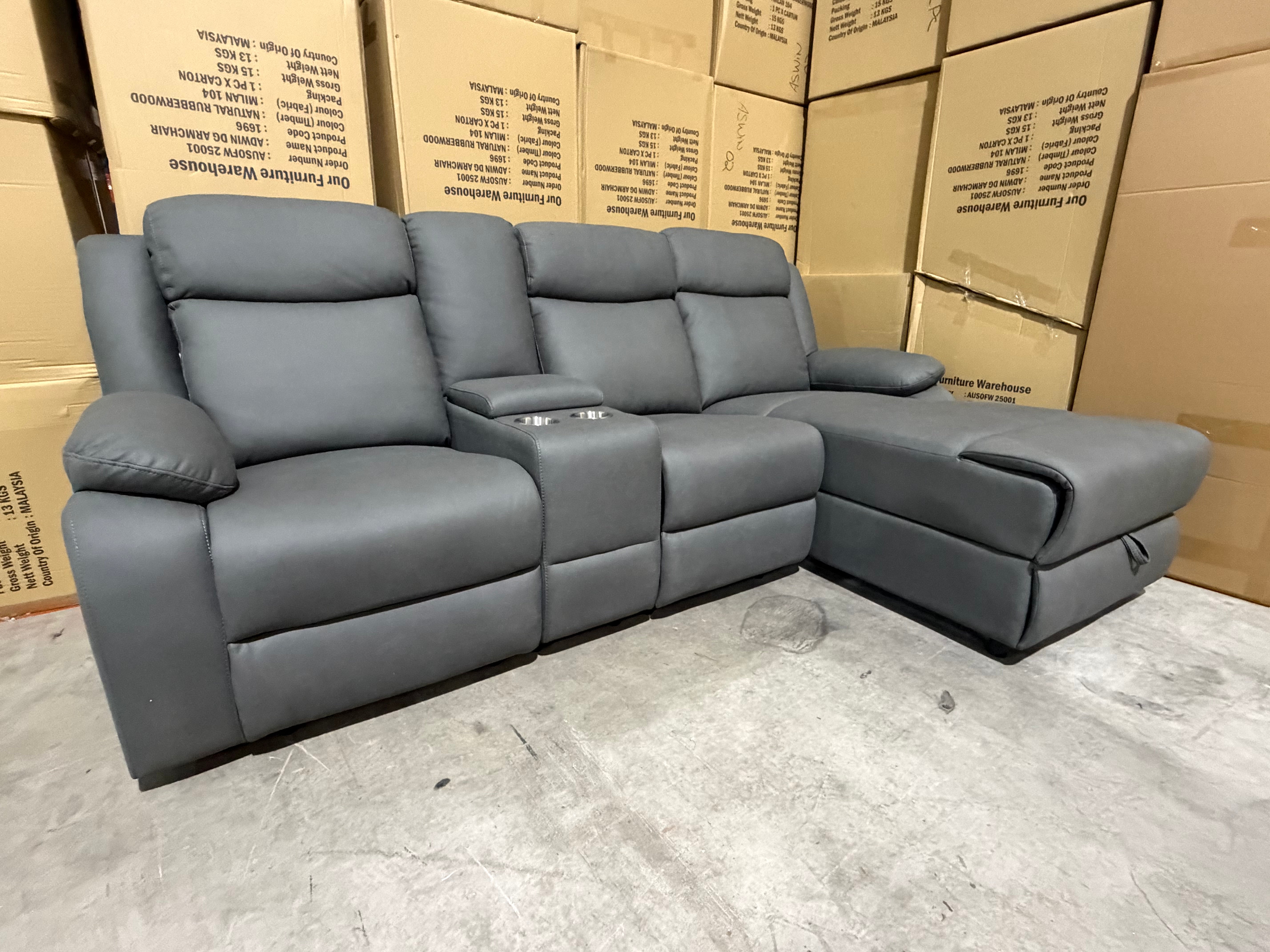 Lola RHF Chaise Lounge With Recliner In Soft Rhino Dark Grey