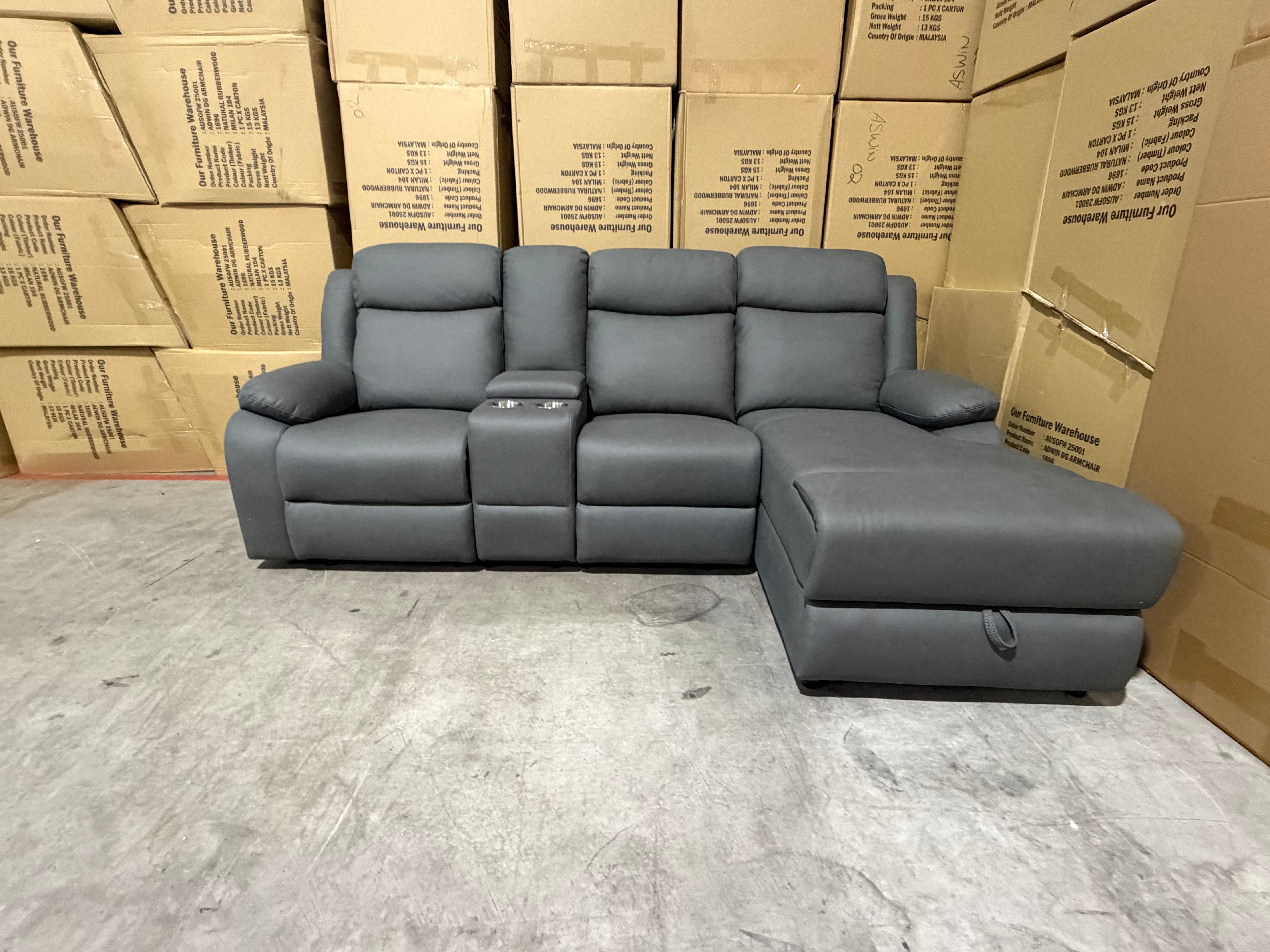 Lola RHF Chaise Lounge With Recliner In Soft Rhino Dark Grey