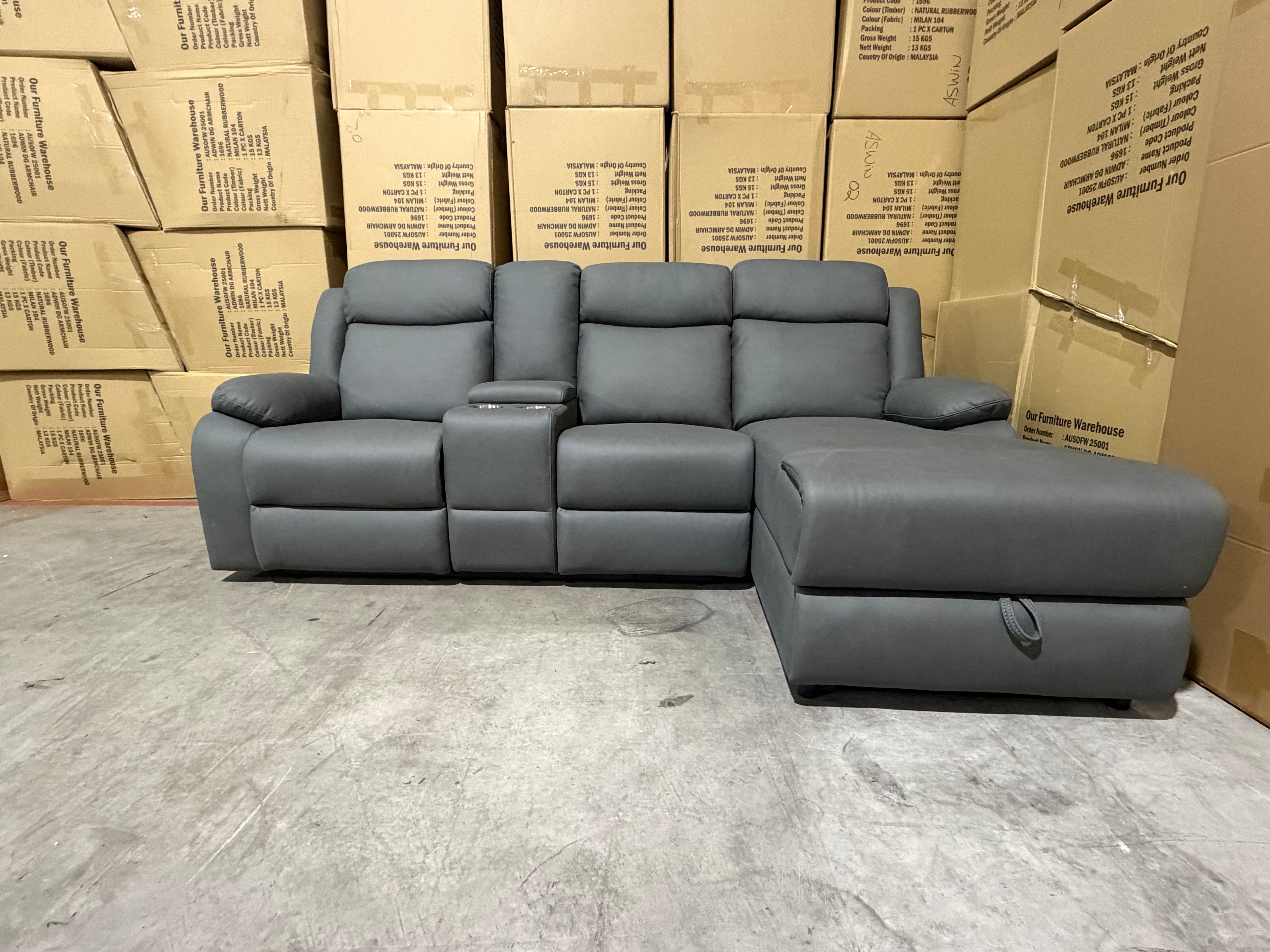 Lola RHF Chaise Lounge With Recliner In Soft Rhino Dark Grey