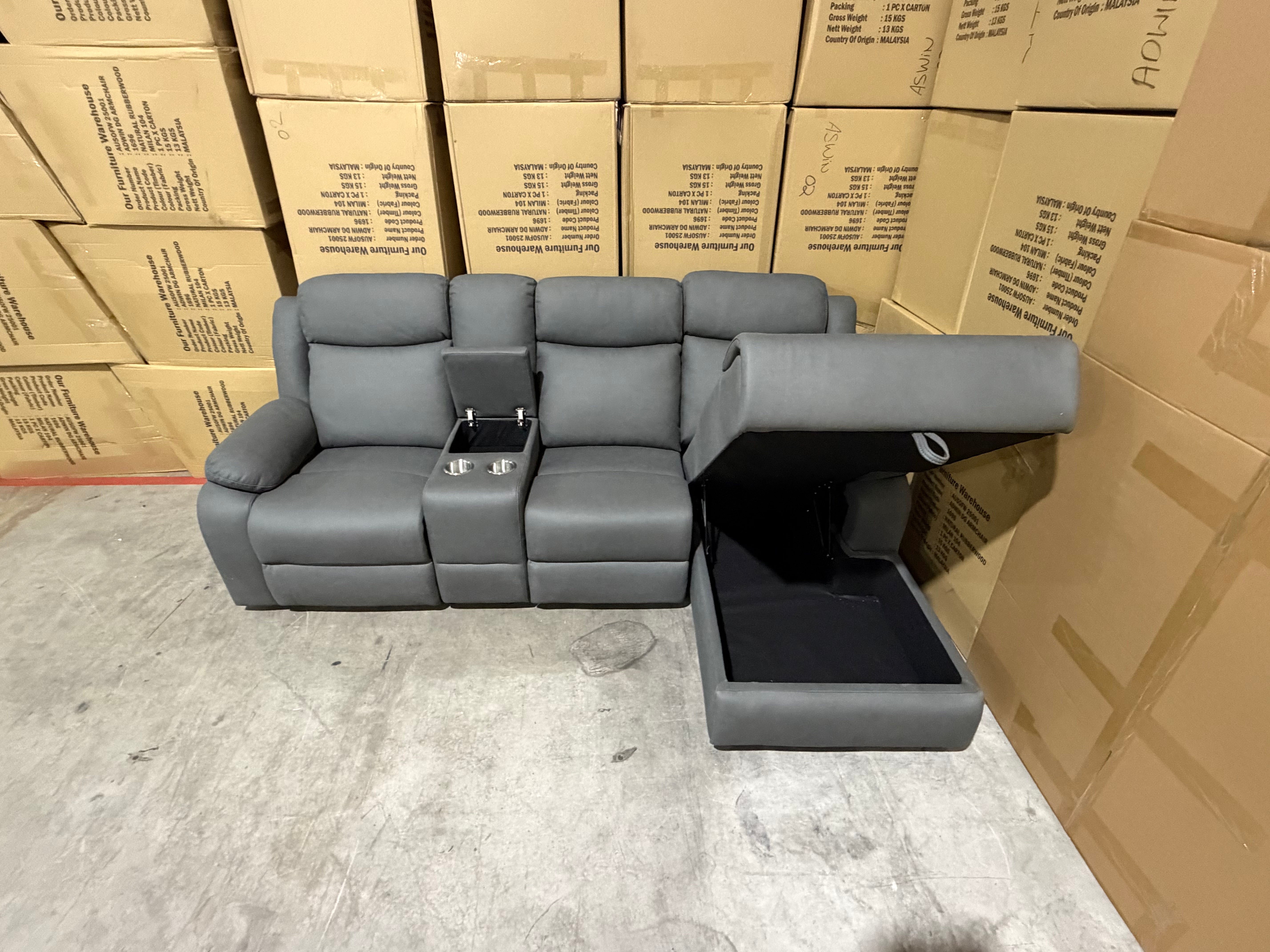 Lola RHF Chaise Lounge With Recliner In Soft Rhino Dark Grey
