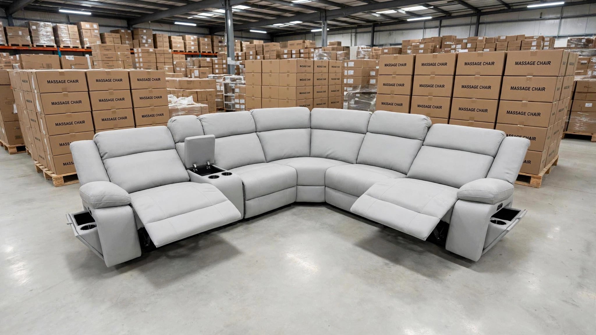 Kenso 6pce modular Lounge with 2 Dual Motion Recliners Soft Rhino Light Grey
