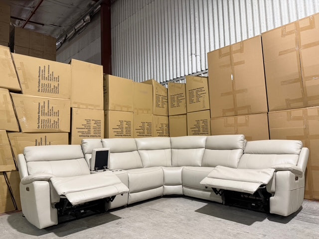 Nikki 6pce modular lounge with 2x inbuilt electric recliners in Beige/ Stone