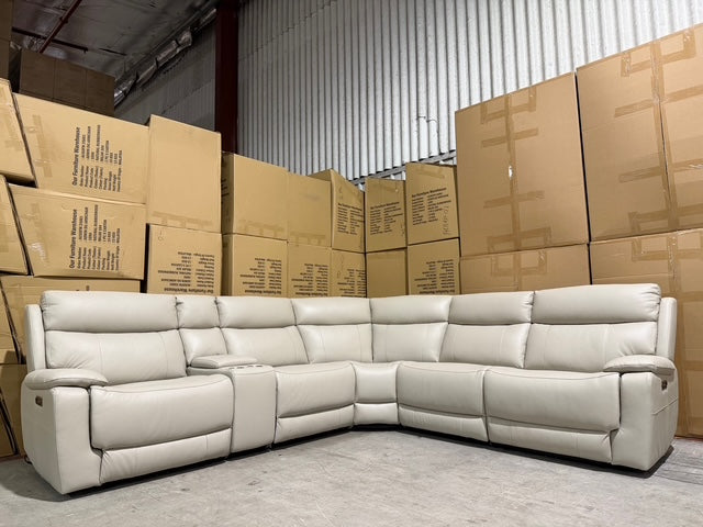 Nikki 6pce modular lounge with 2x inbuilt electric recliners in Beige/ Stone