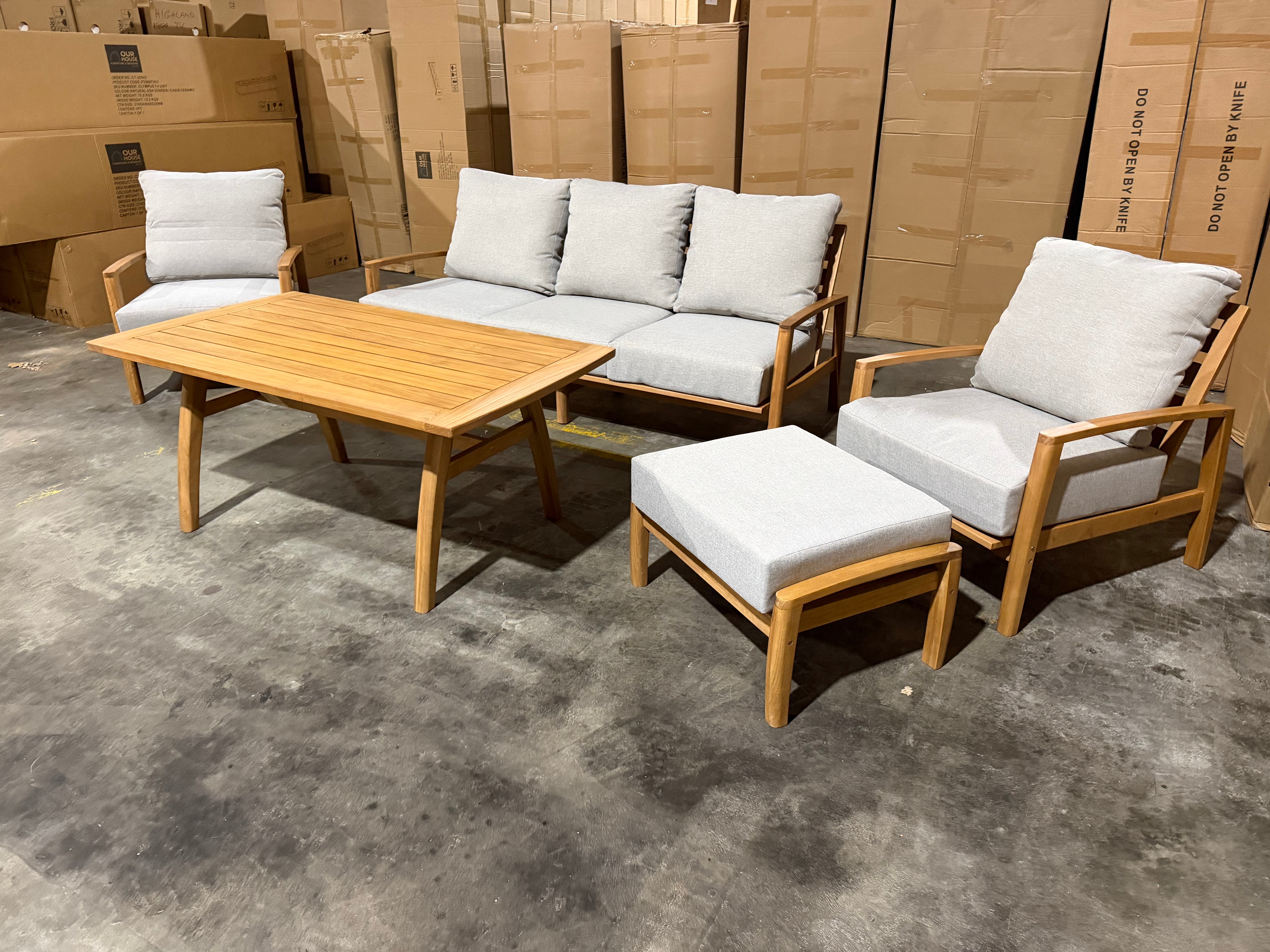 Sawyer 5pce Outdoor Lounge Dining Setting Table 3 Seater 2 X Chairs and 1 Foot Stool