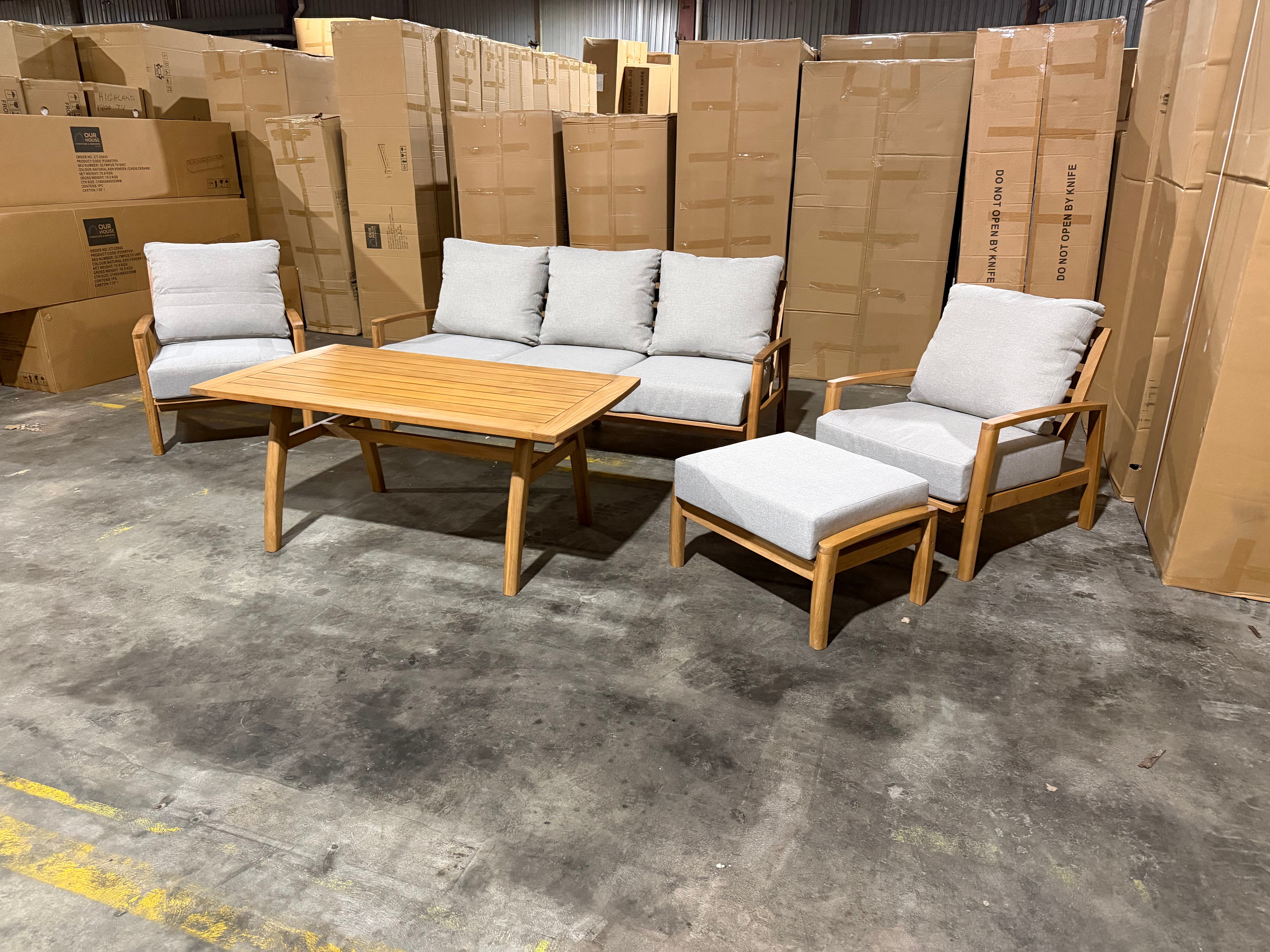 Sawyer 5pce Outdoor Lounge Dining Setting Table 3 Seater 2 X Chairs and 1 Foot Stool