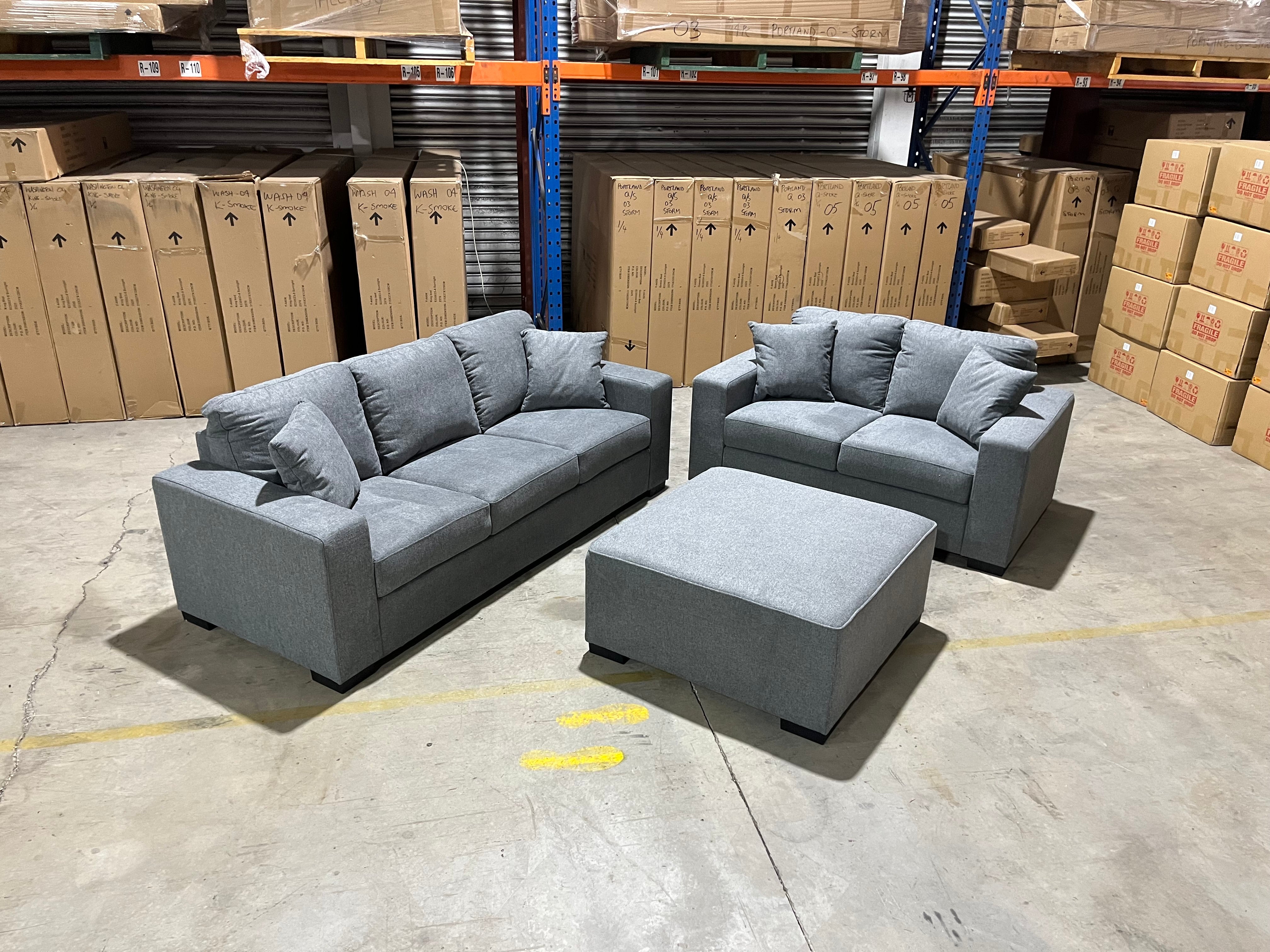 Amarda 3+2+scatters and ottoman in grey