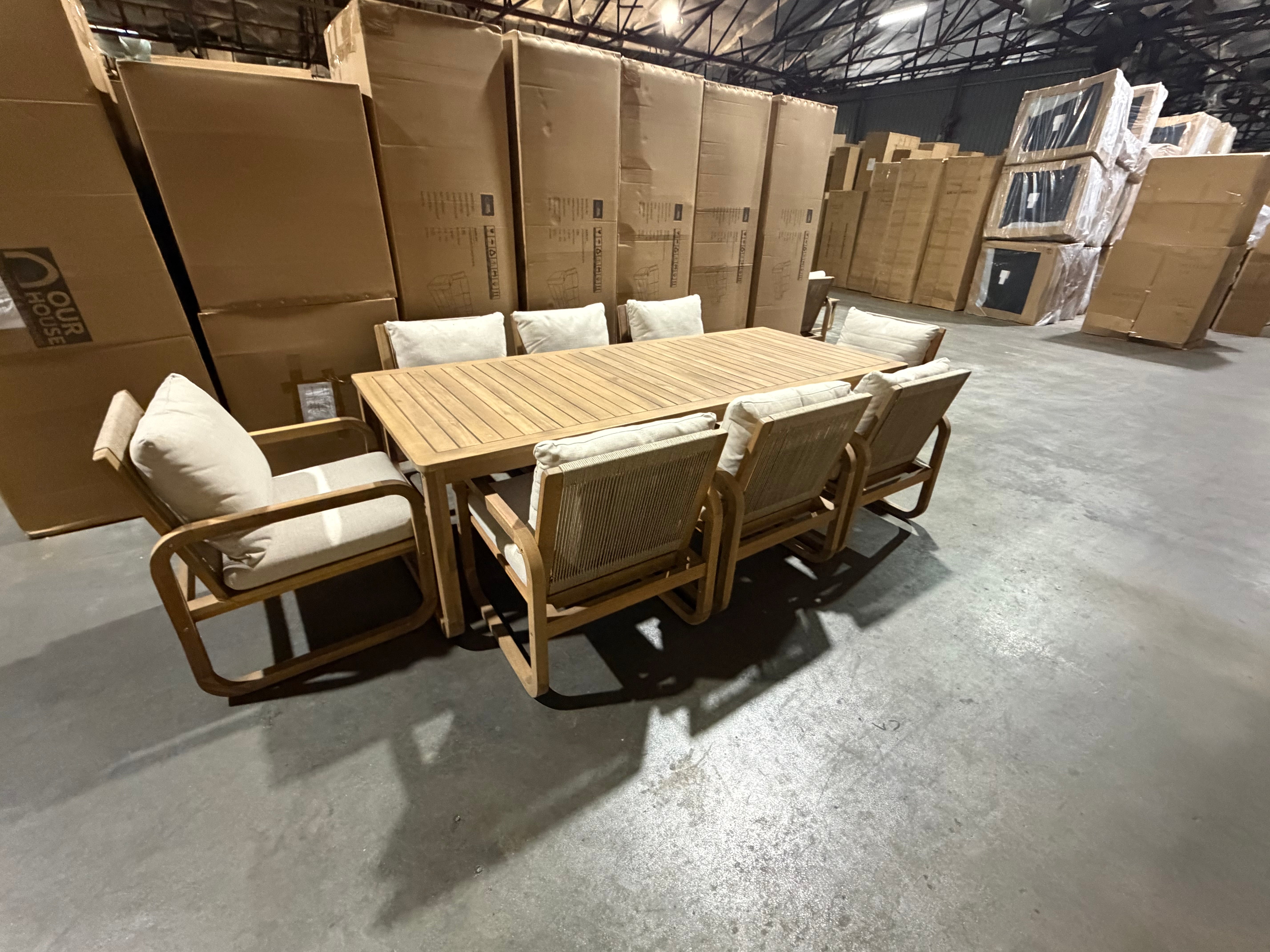 Lando 9pce Outdoor Setting 2400x1000 Table & 8x Chairs in Grey Wash