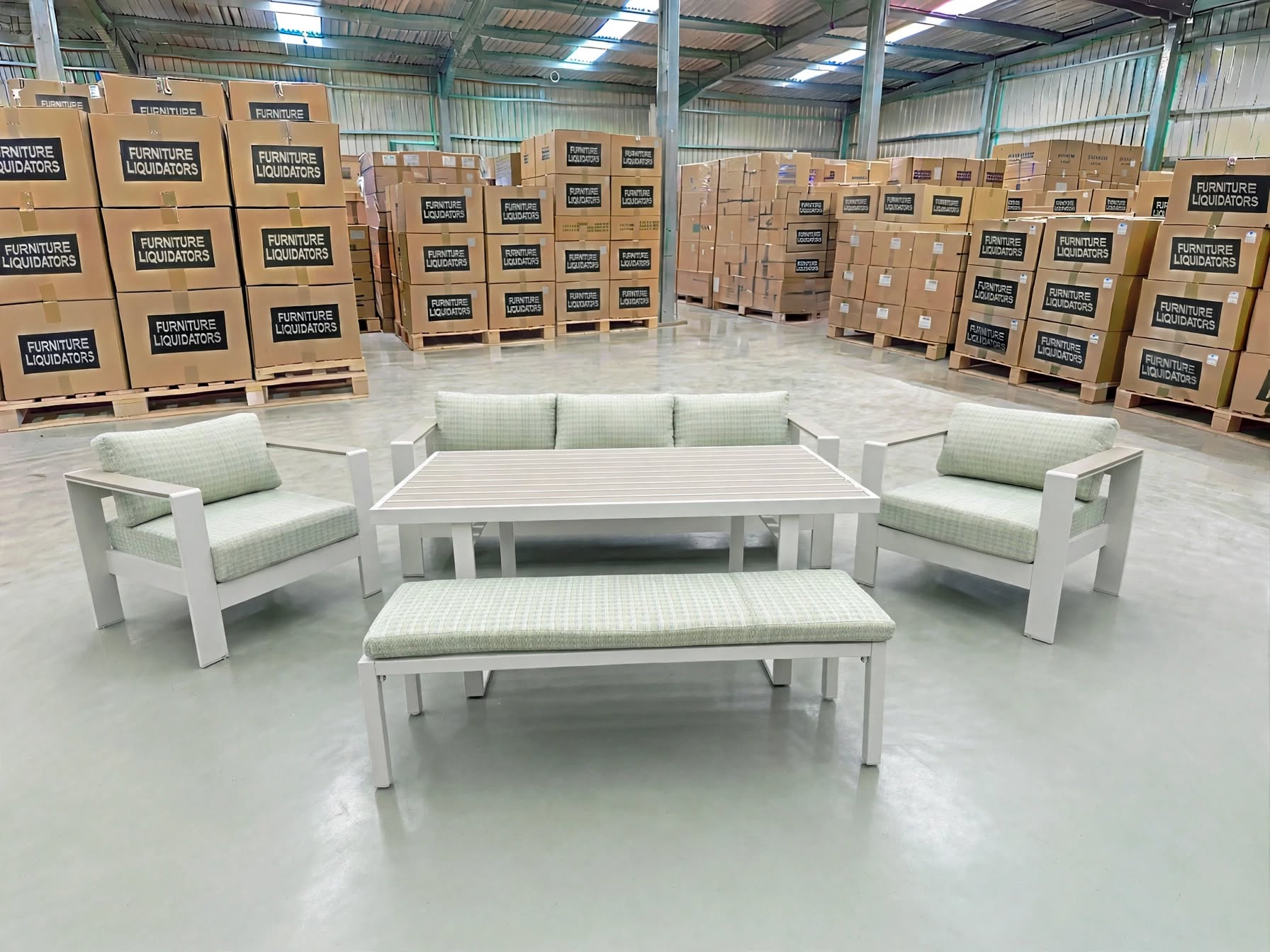 Belden 5PCE Low Dining Setting Table, Bench, Sofa, 2x Single