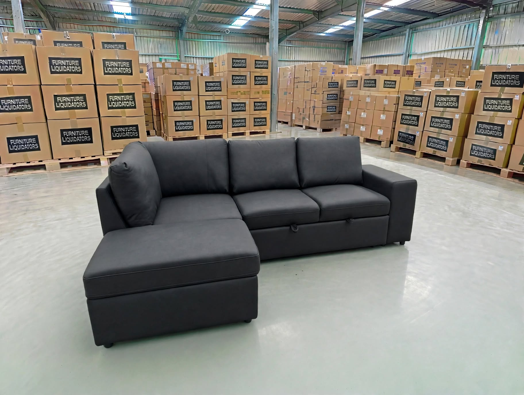 Denzo LHF Chaise Lounge With Trundle Bed & Storage Ottoman Soft Black Rhino