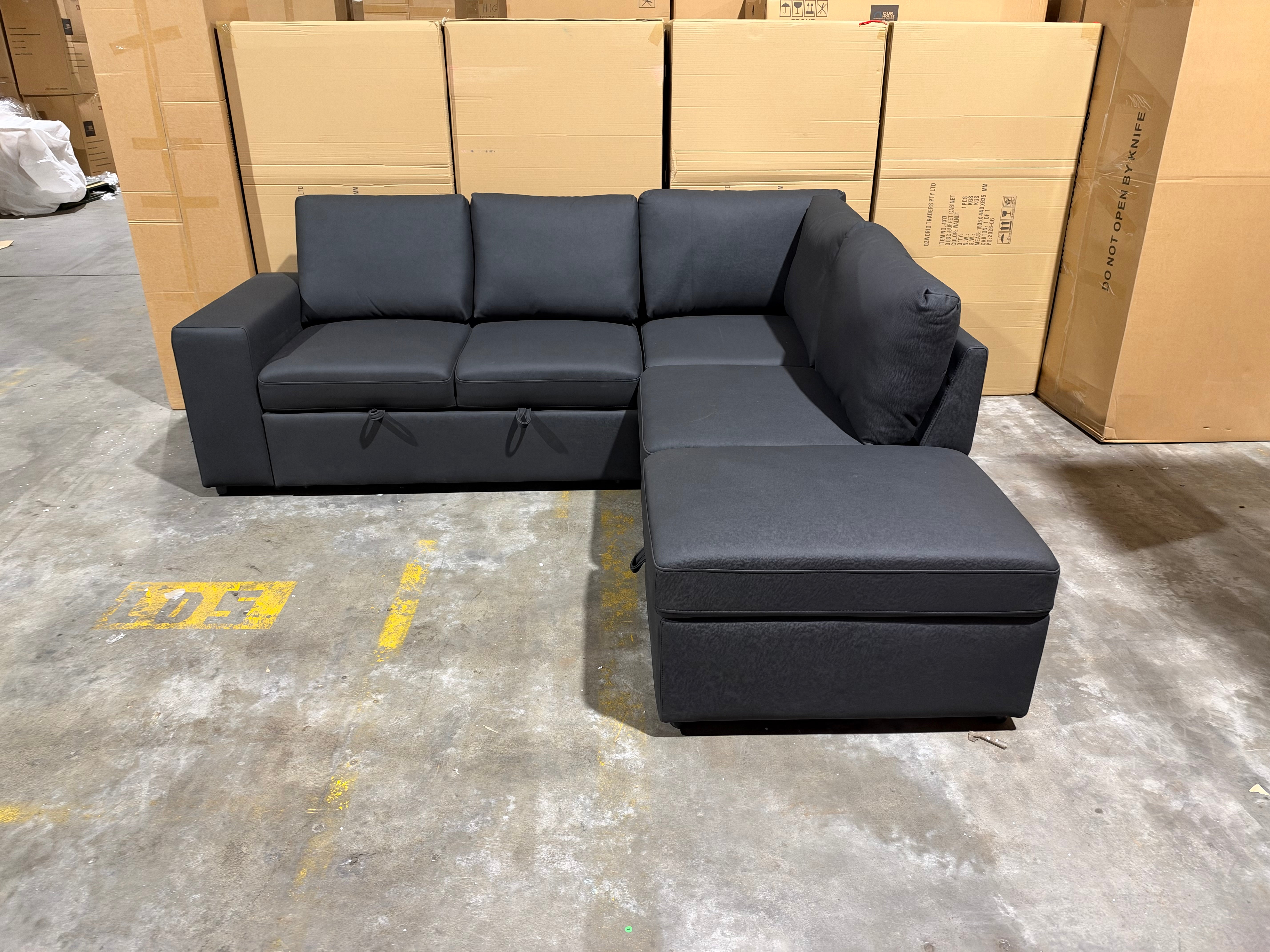 Denzo RHF Chaise Lounge With Trundle Bed & Storage Ottoman Soft Black Rhino