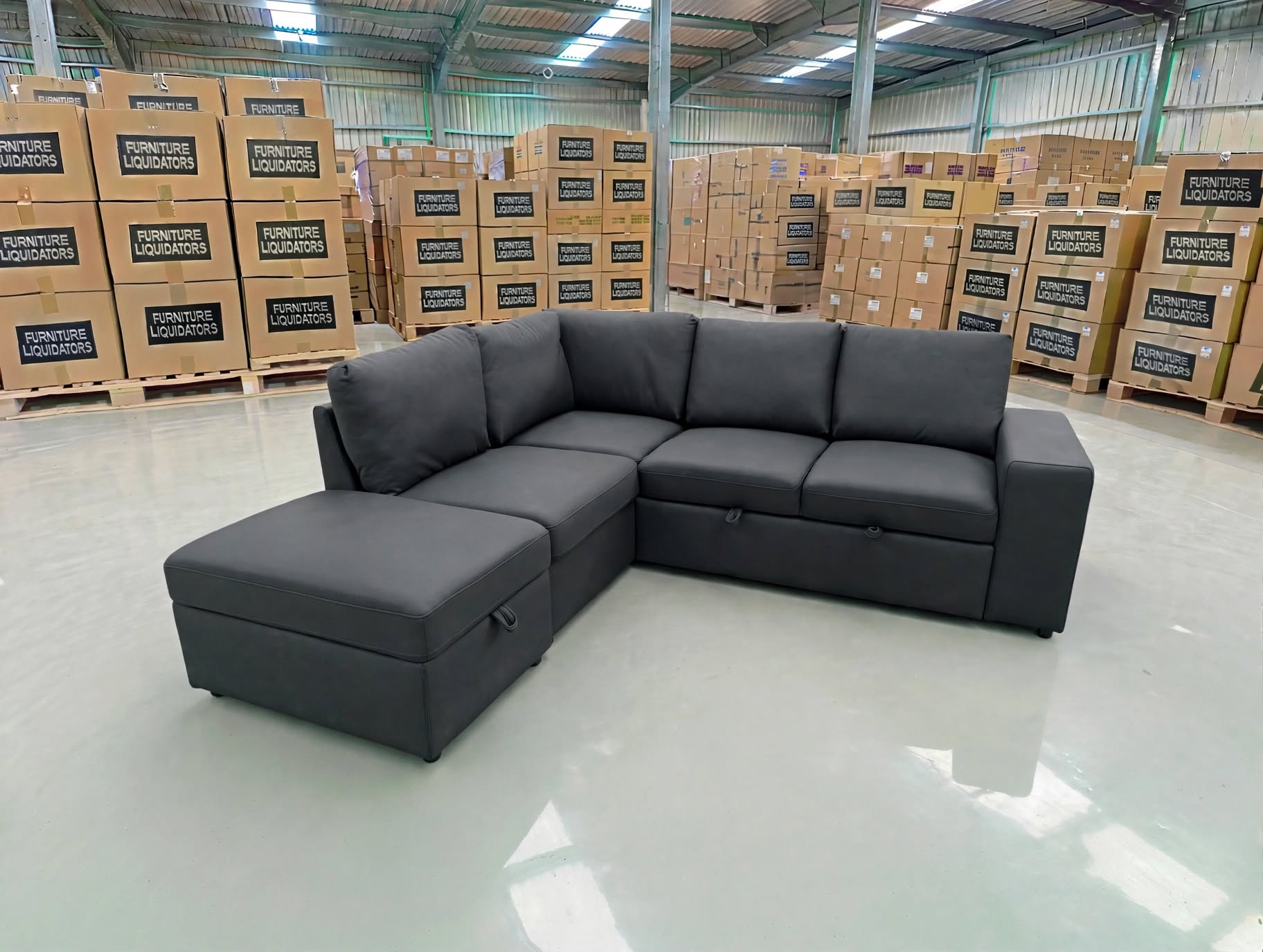 Denzo LHF Chaise Lounge With Trundle Bed & Storage Ottoman Soft Black Rhino