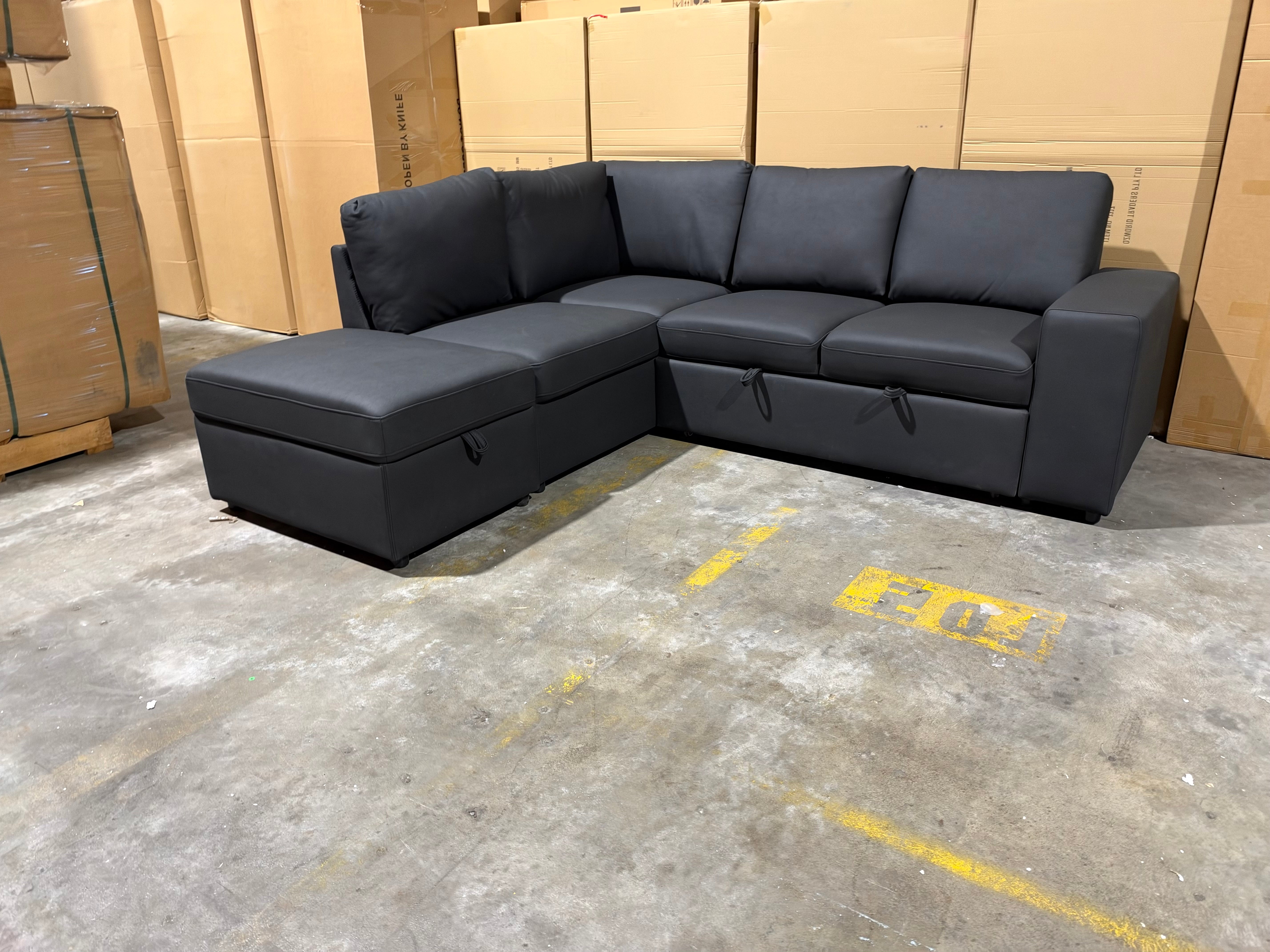 Denzo LHF Chaise Lounge With Trundle Bed & Storage Ottoman Soft Black Rhino