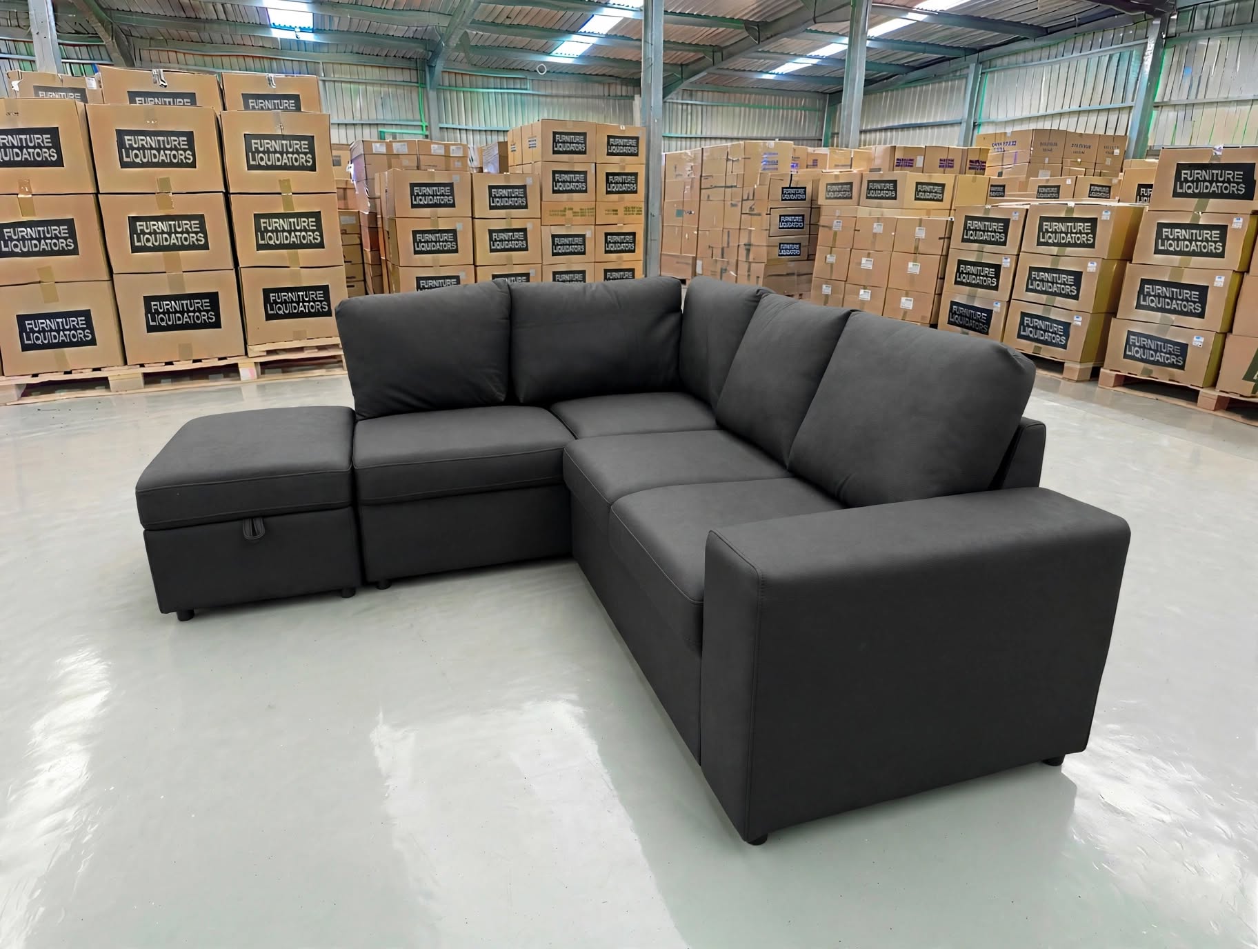 Denzo LHF Chaise Lounge With Trundle Bed & Storage Ottoman Soft Black Rhino