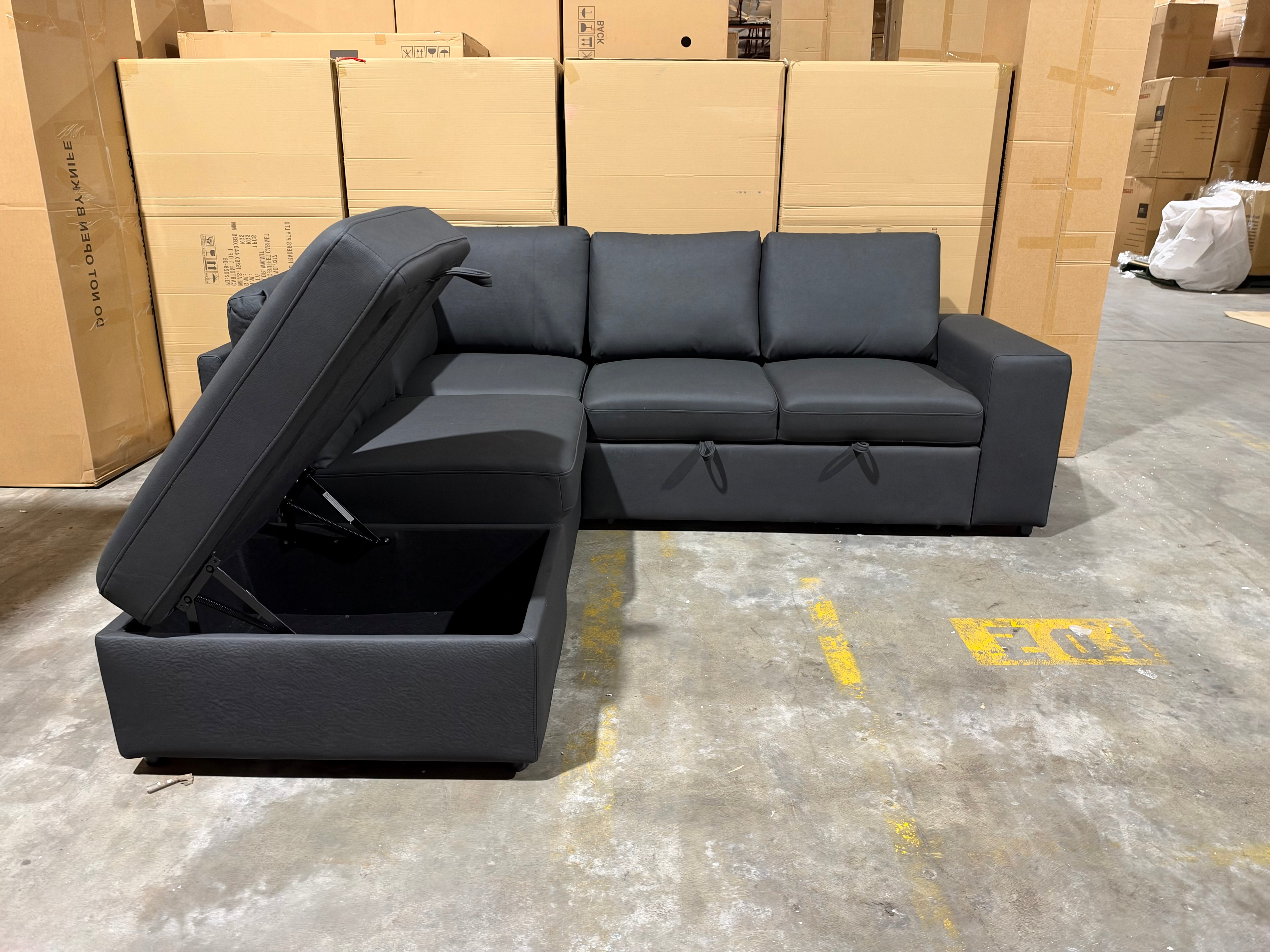Denzo LHF Chaise Lounge With Trundle Bed & Storage Ottoman Soft Black Rhino