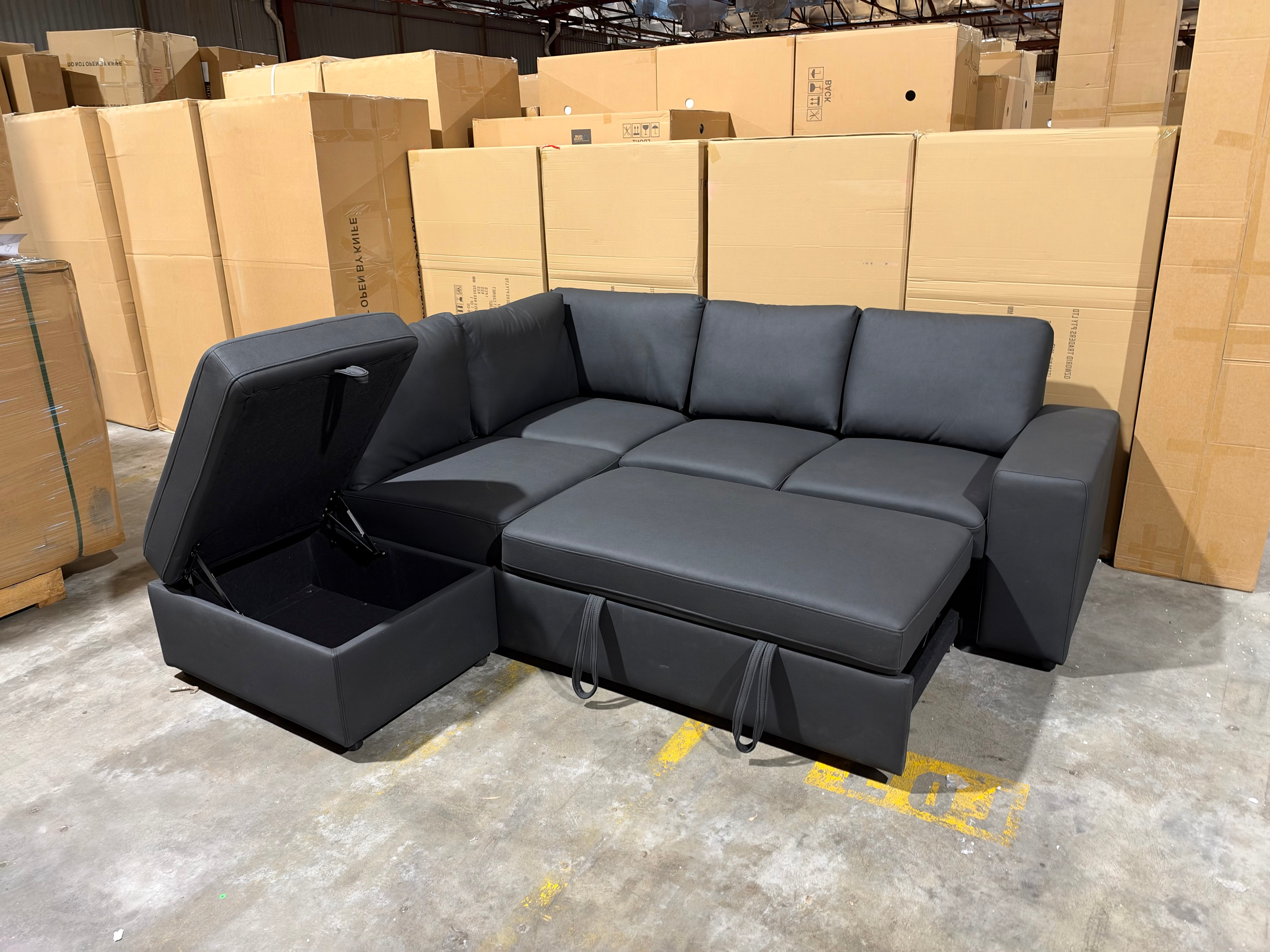 Denzo LHF Chaise Lounge With Trundle Bed & Storage Ottoman Soft Black Rhino