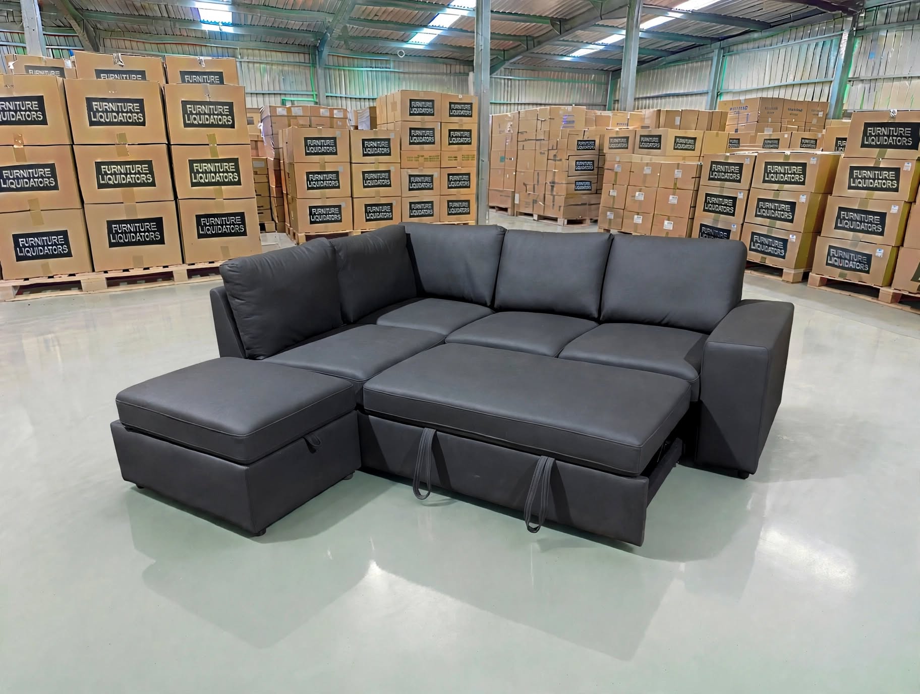 Denzo LHF Chaise Lounge With Trundle Bed & Storage Ottoman Soft Black Rhino
