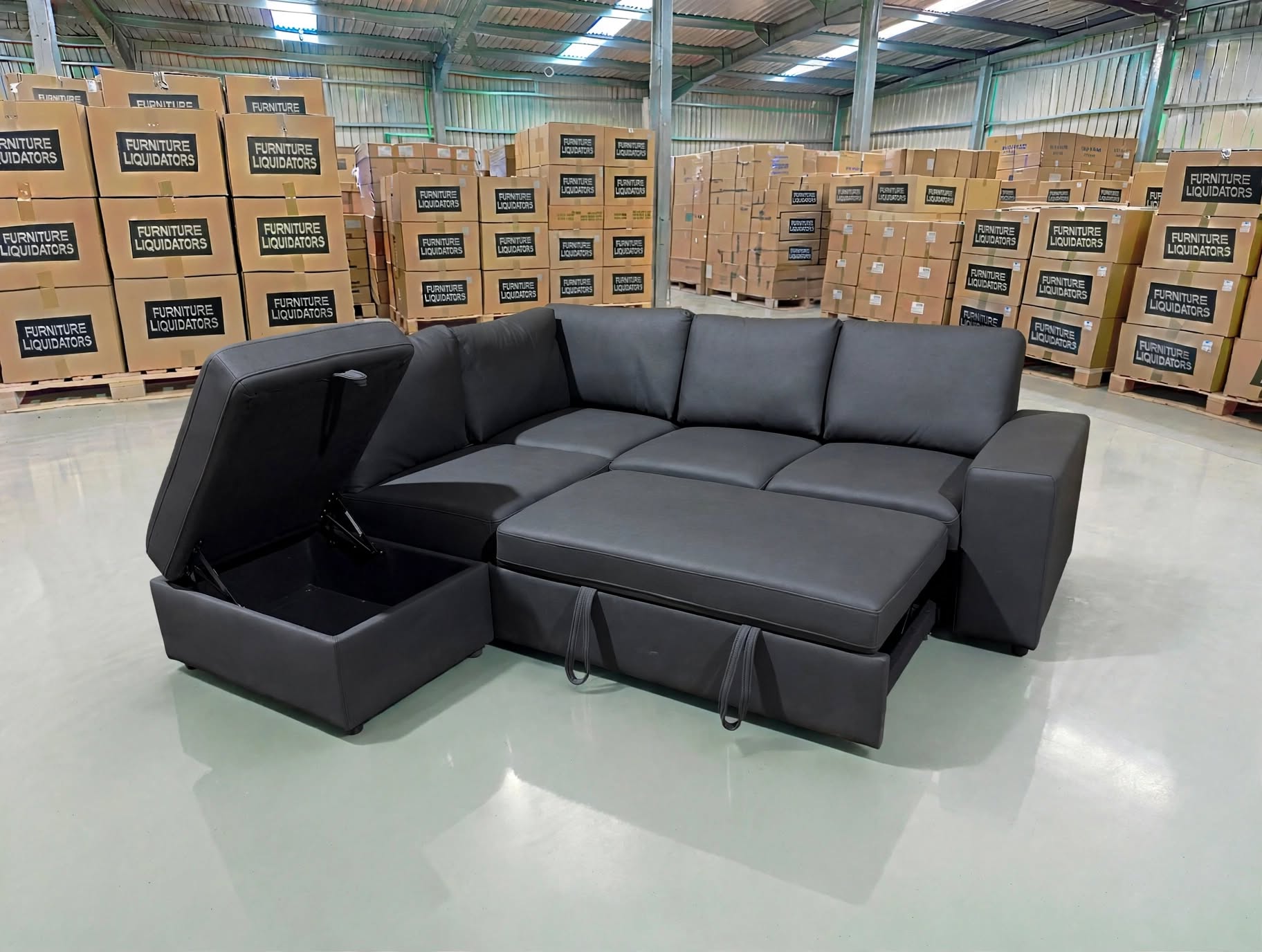 Denzo LHF Chaise Lounge With Trundle Bed & Storage Ottoman Soft Black Rhino