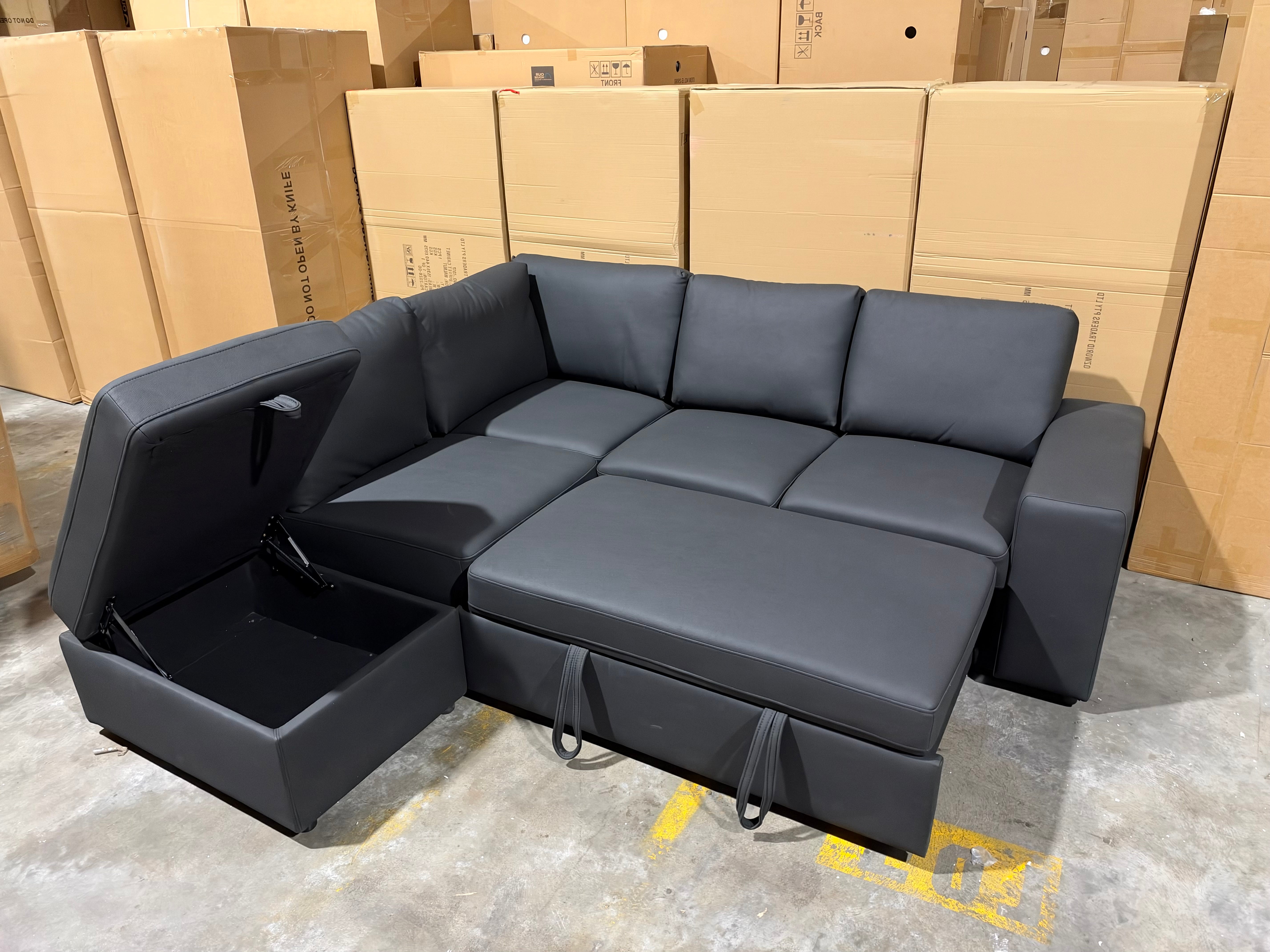 Denzo LHF Chaise Lounge With Trundle Bed & Storage Ottoman Soft Black Rhino