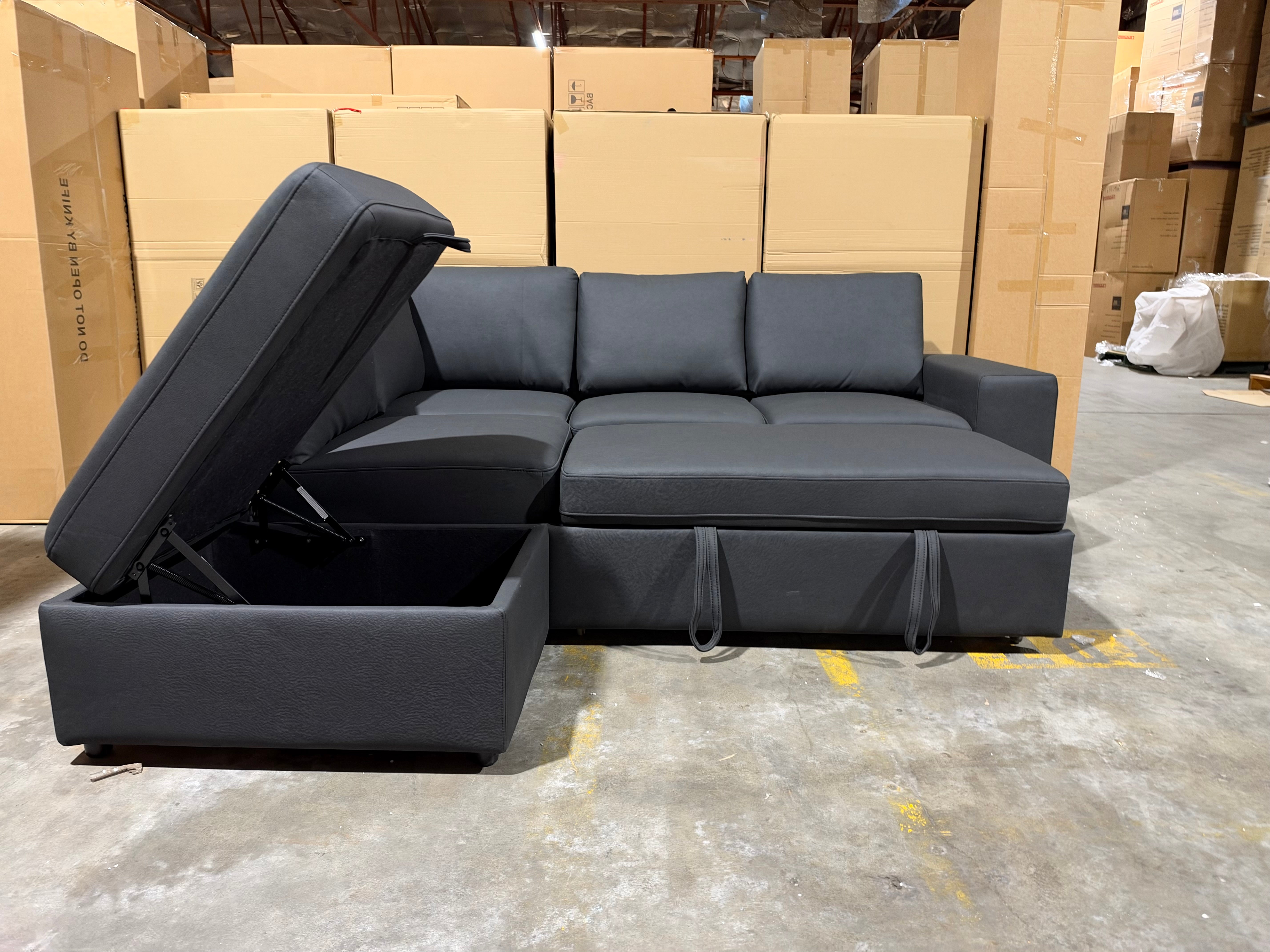 Denzo LHF Chaise Lounge With Trundle Bed & Storage Ottoman Soft Black Rhino