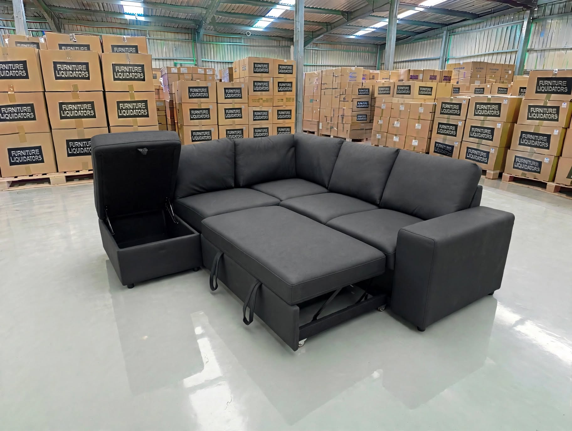 Denzo LHF Chaise Lounge With Trundle Bed & Storage Ottoman Soft Black Rhino