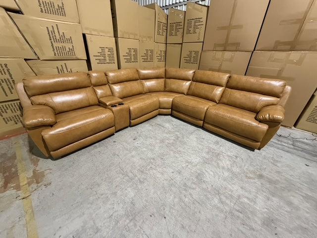 Modena Modular Lounge with 3x Electric recliners Tan leather match