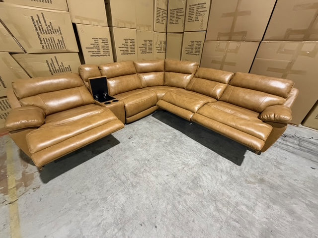 Modena Modular Lounge with 3x Electric recliners Tan leather match