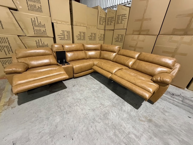 Modena Modular Lounge with 3x Electric recliners Tan leather match