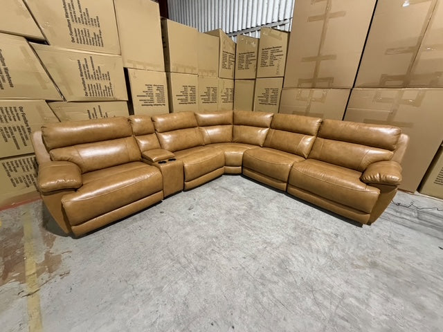 Modena Modular Lounge with 3x Electric recliners Tan leather match