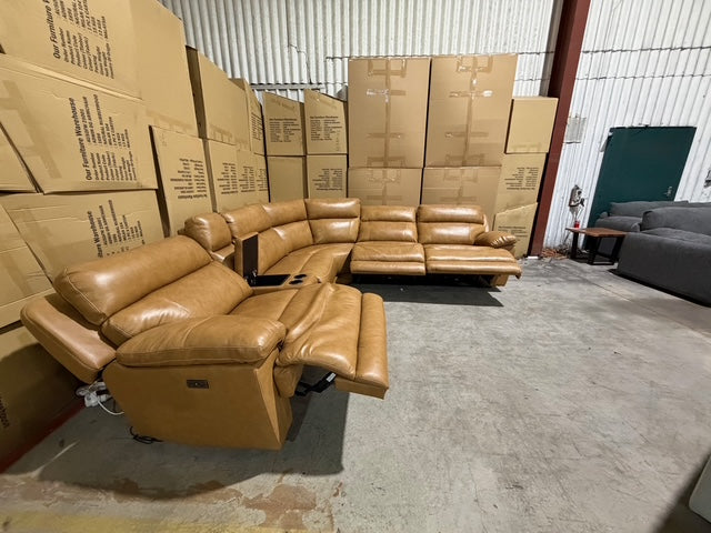 Modena Modular Lounge with 3x Electric recliners Tan leather match