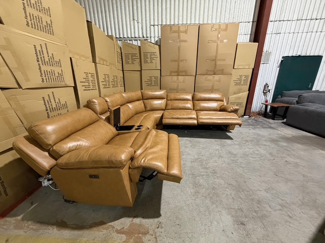 Modena Modular Lounge with 3x Electric recliners Tan leather match