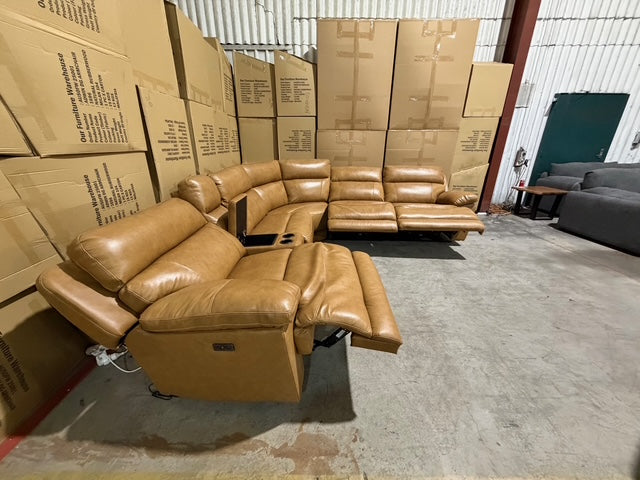 Modena Modular Lounge with 3x Electric recliners Tan leather match
