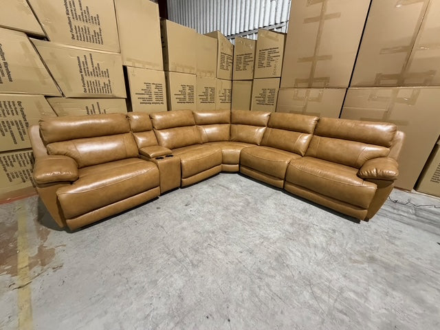 Modena Modular Lounge with 3x Electric recliners Tan leather match